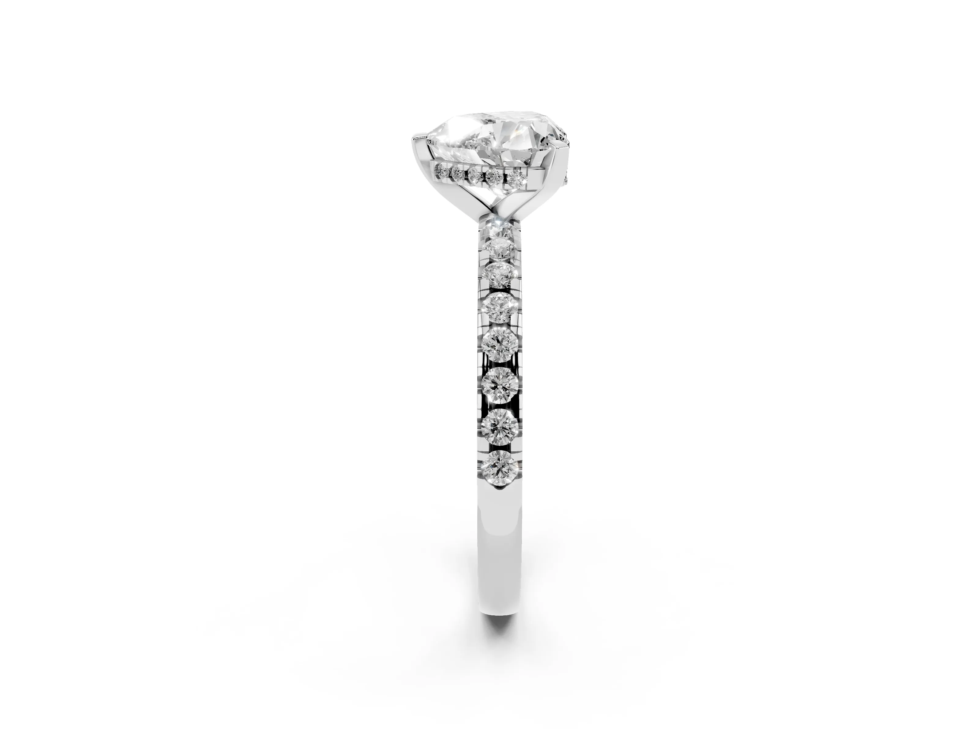 Heart Cut Diamond Pavé Solitaire Ring Set in White gold with Round Band Accents and Prong Setting