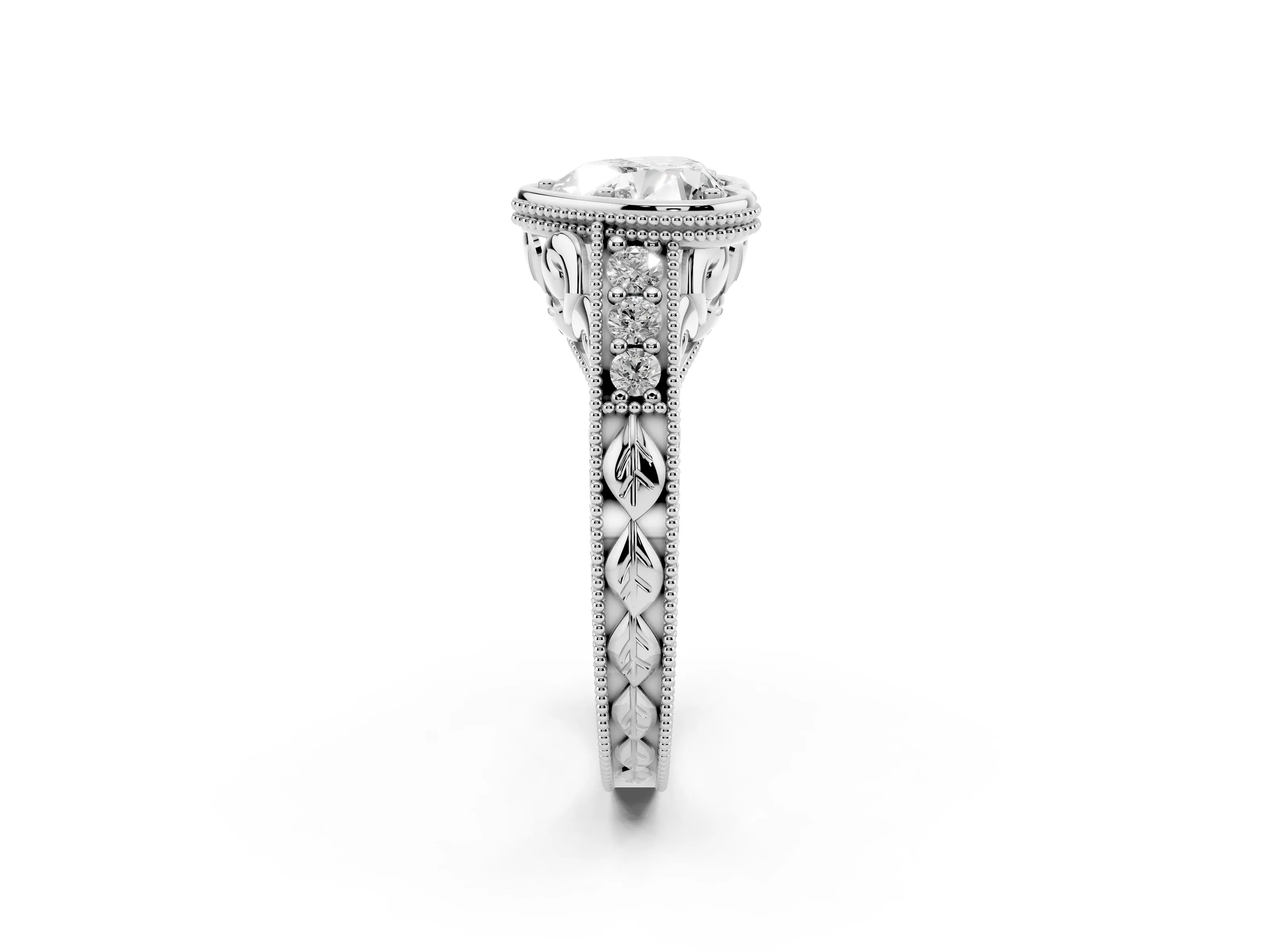 Bezel Set Heart Cut Diamond Milgrain Pavé Engagement Ring Set in Silver