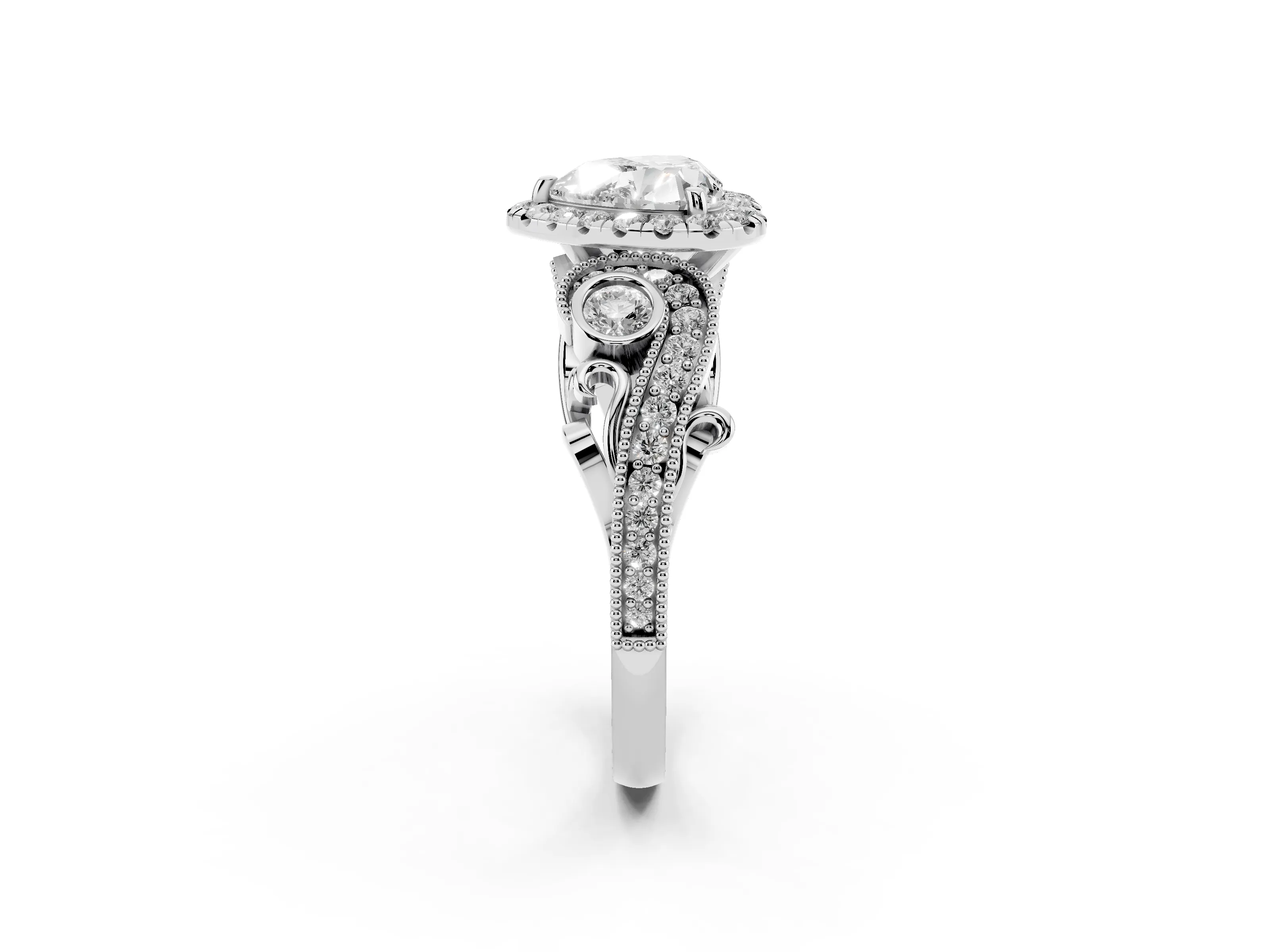 Heart Cut Diamond Halo Ring Set in Silver with Milgrain Pavé Band and Prong Setting