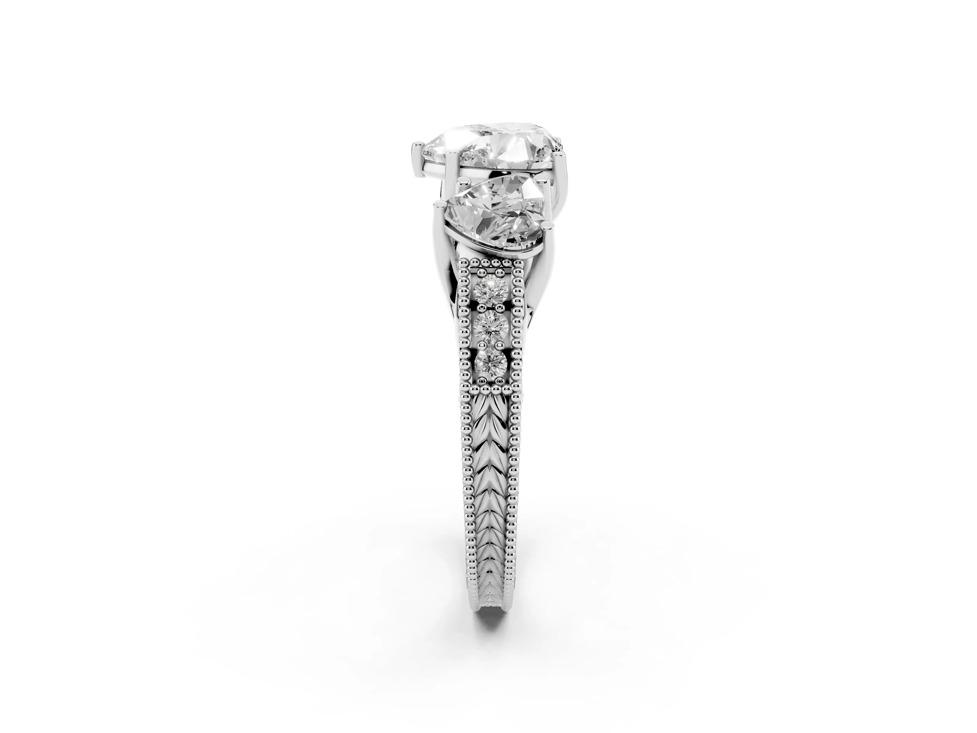 Heart Cut Diamond Three-Stone Engagement Ring Set in Platinum with Milgrain Pavé Band
