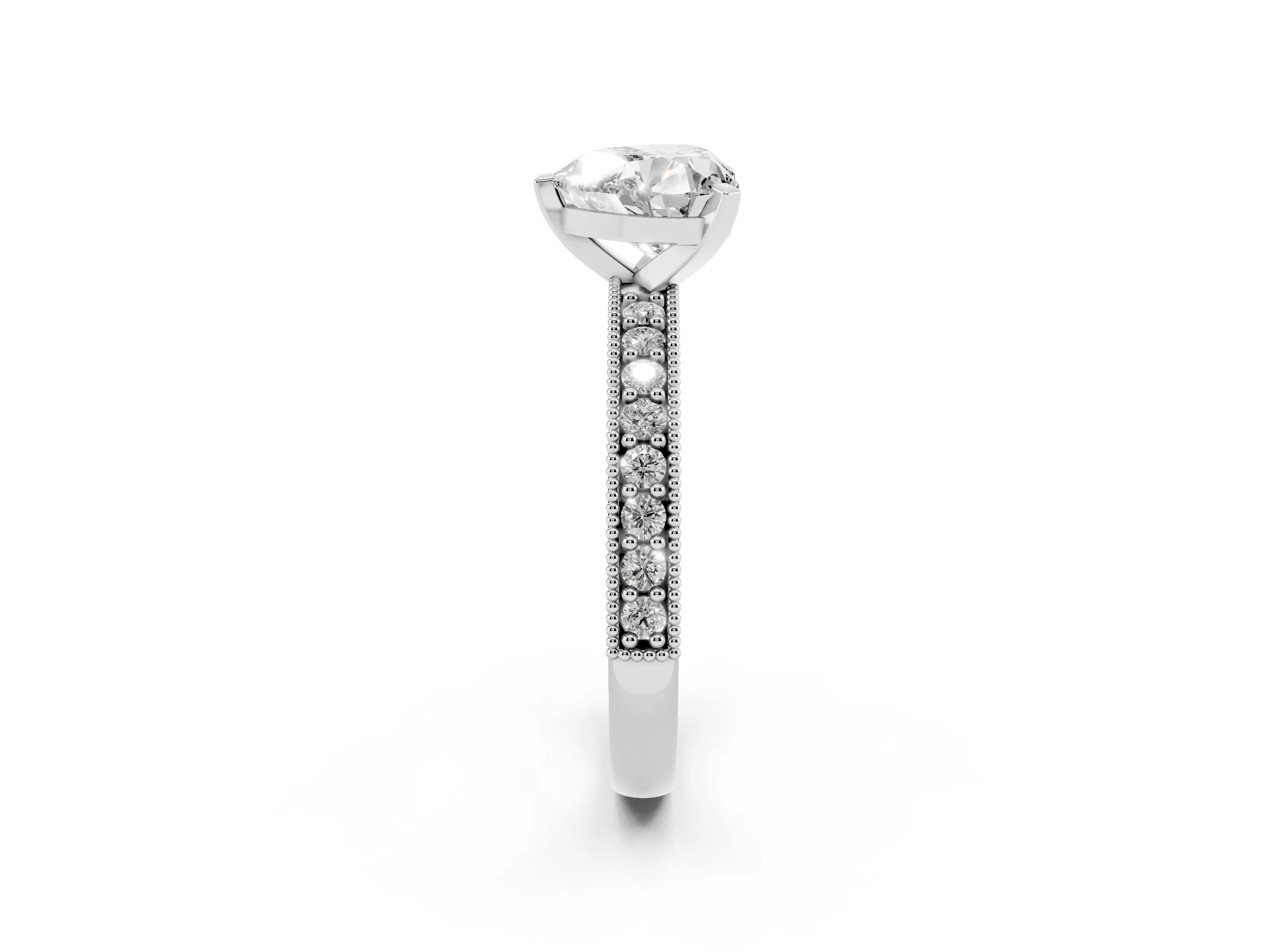 Heart Cut Diamond Milgrain Pavé Engagement Ring Set in Silver with Prong Setting