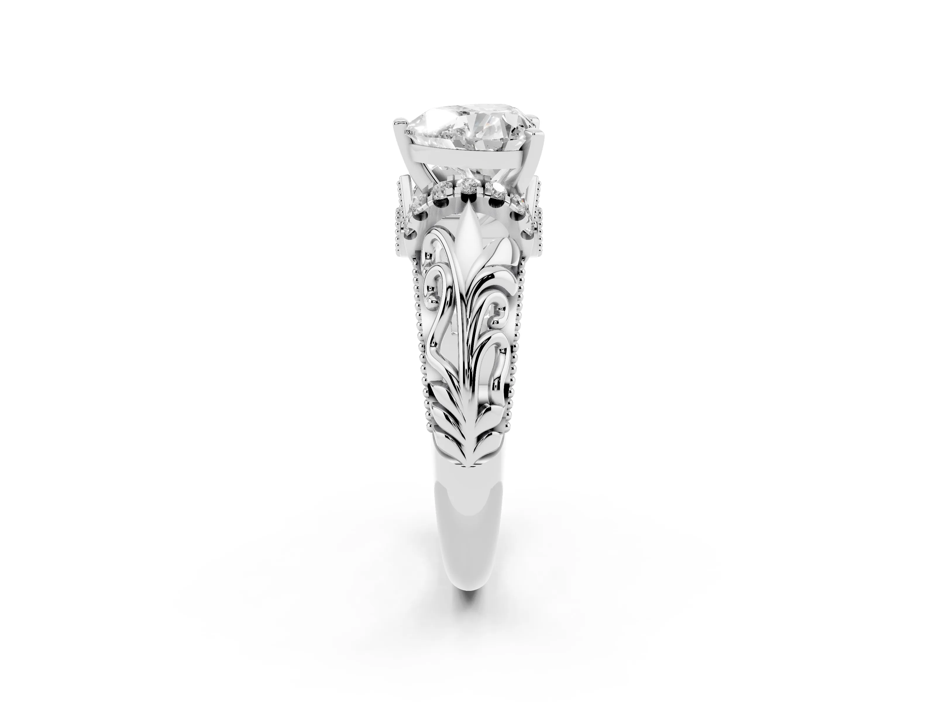 Heart Cut Diamond Filigree Halo Engagement Ring Set in White gold with Prong Setting