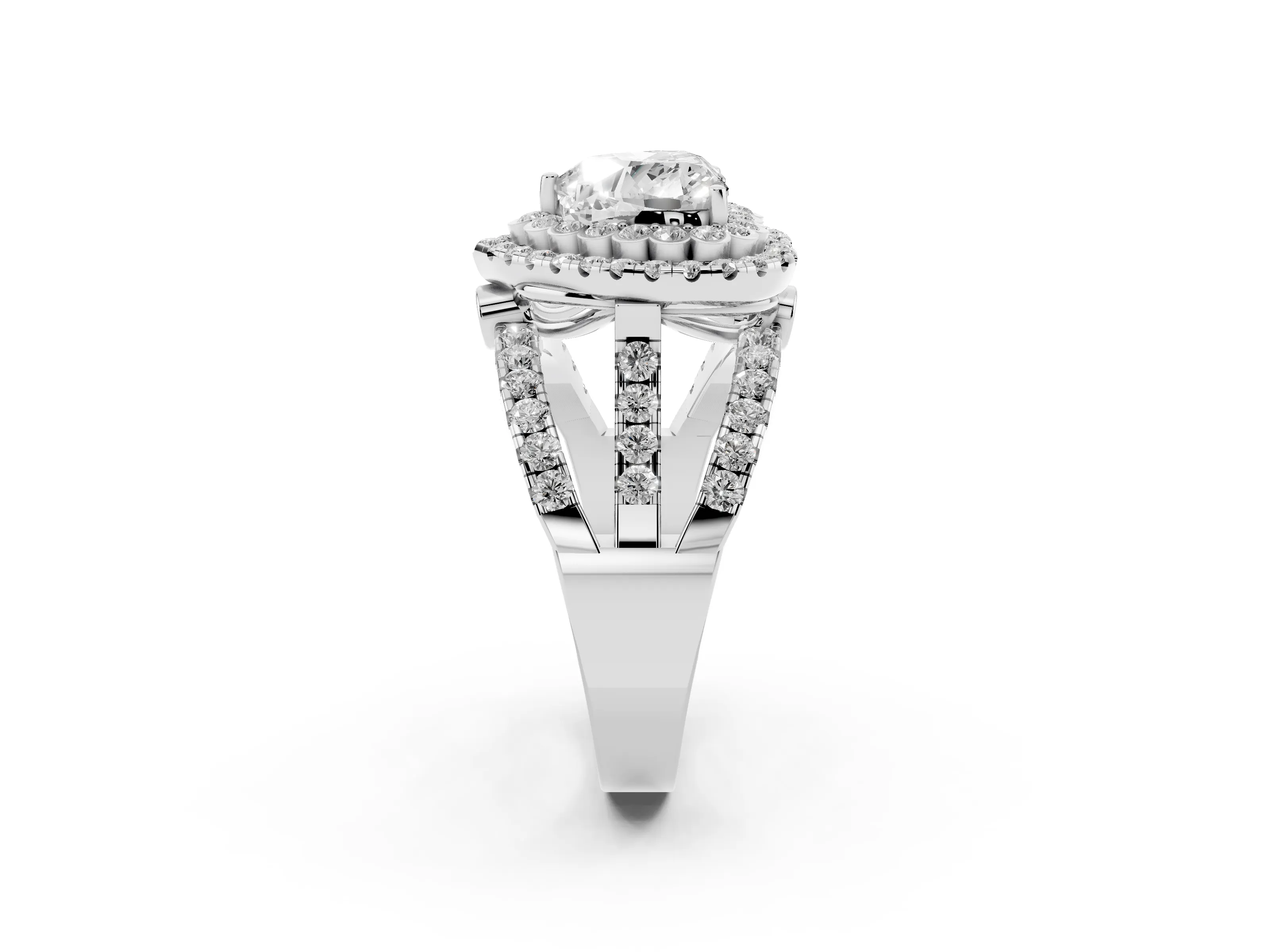 Heart Cut Diamond Double Halo Ring Set in Silver with Round Pavé Split Shank