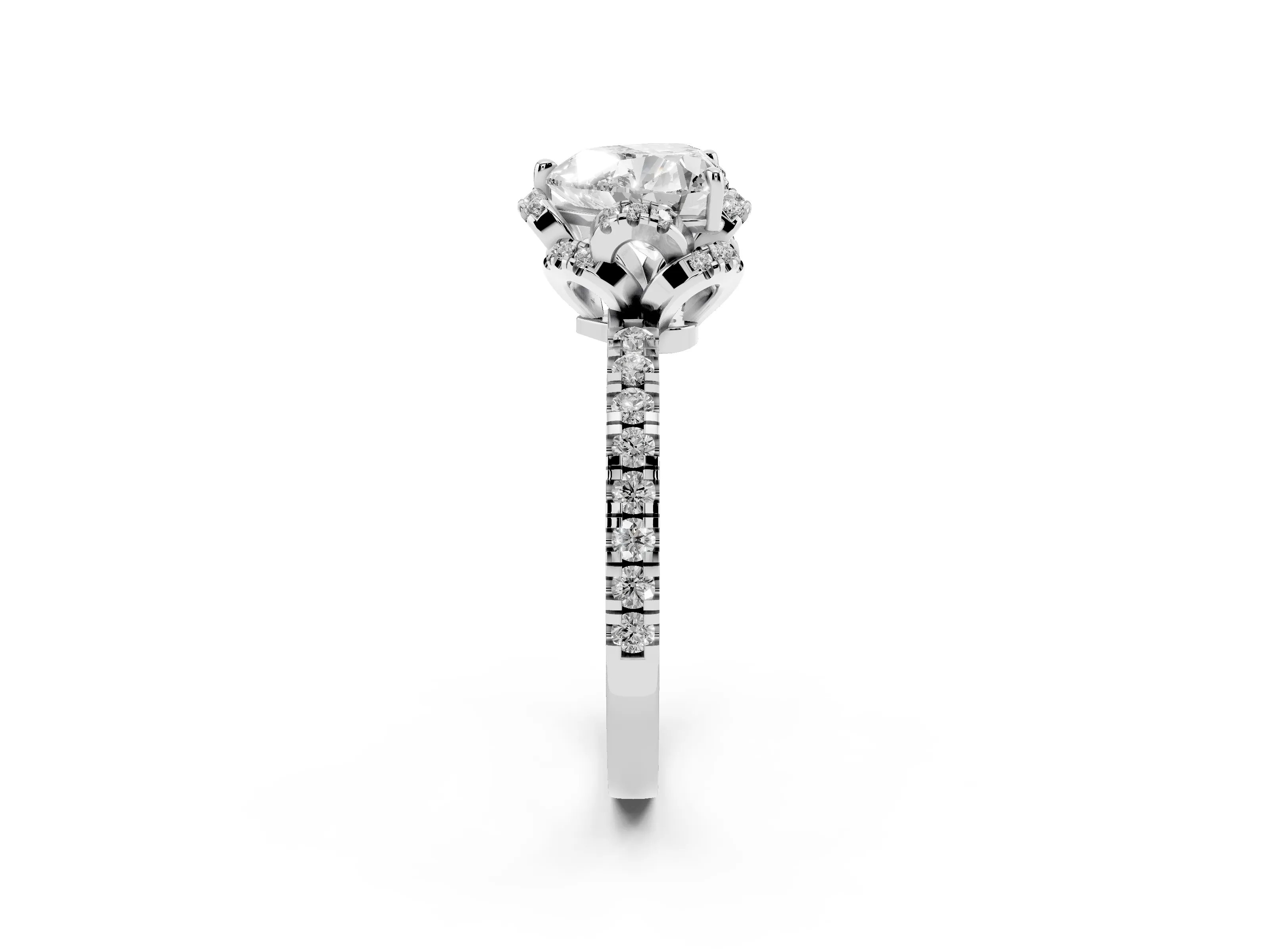 Heart Cut Diamond Halo Pavé Band Ring Set in Platinum with Prong-Held Center