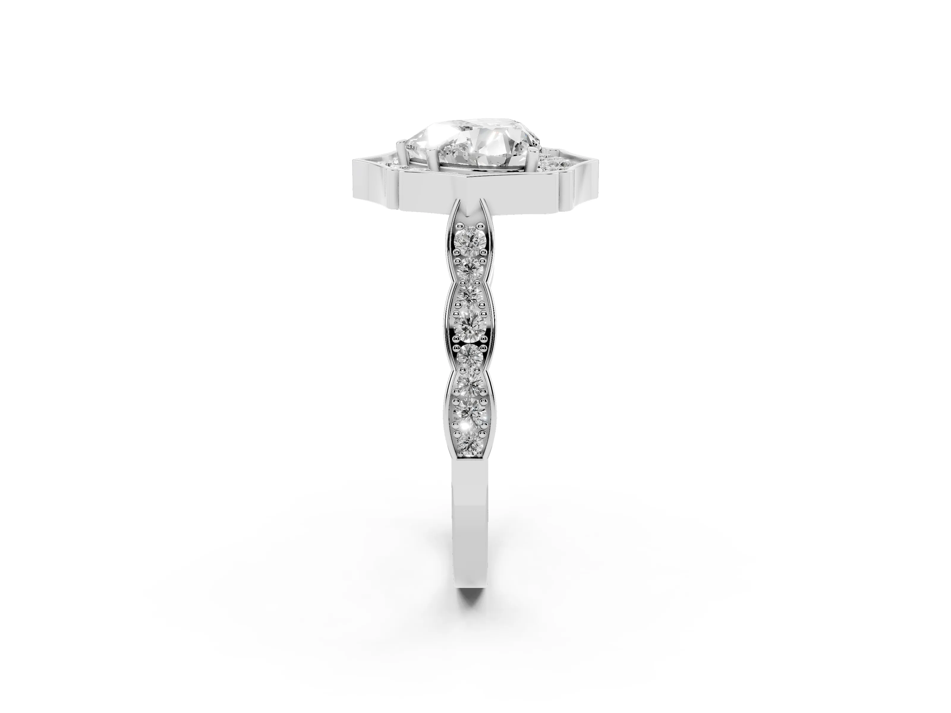 Heart Cut Diamond Halo Engagement Ring Set in White gold with Milgrain Band and Prong Setting