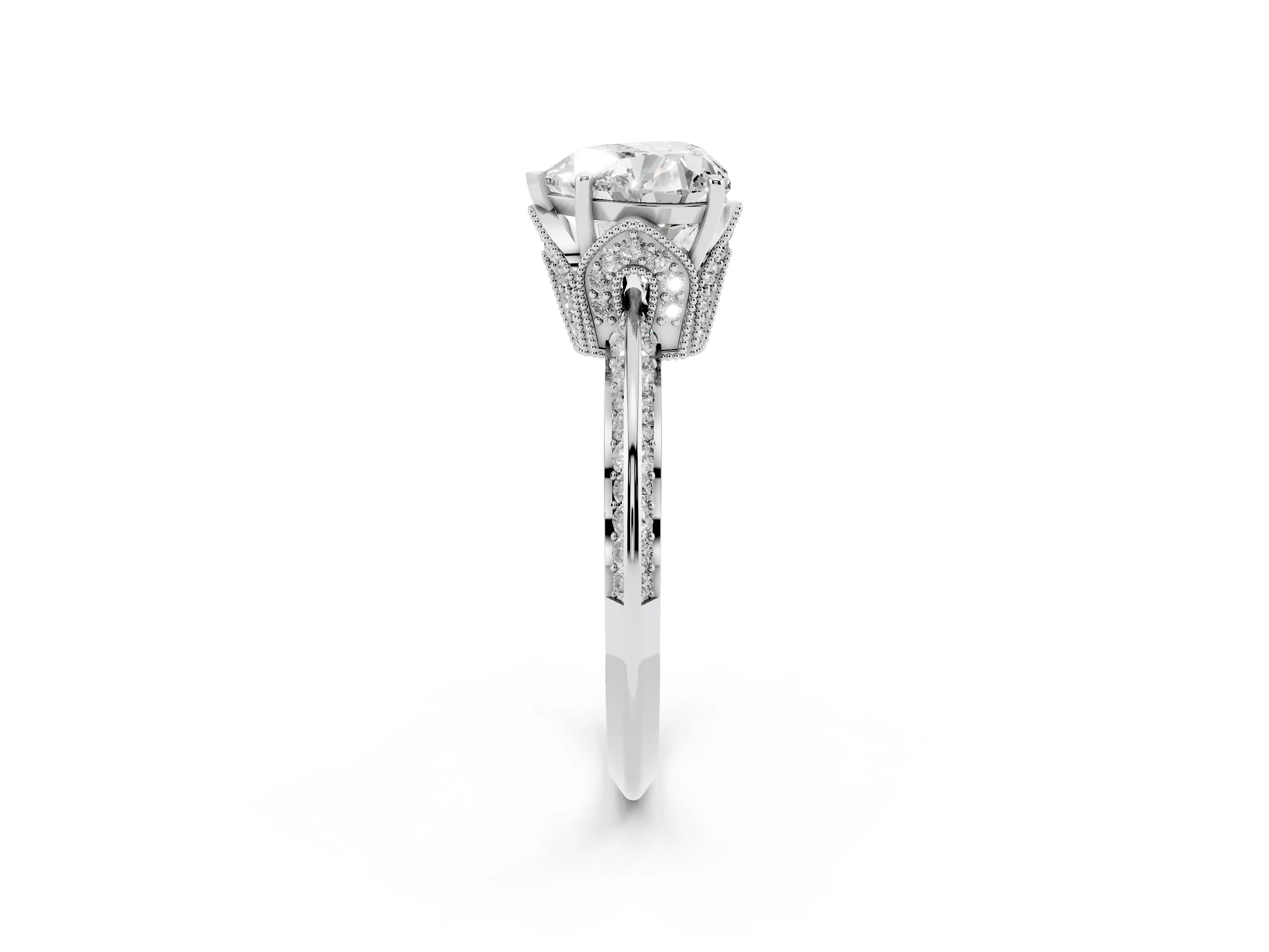 Heart Cut Diamond Solitaire Engagement Ring Set in White gold with Pavé Split Shank and Prong Setting