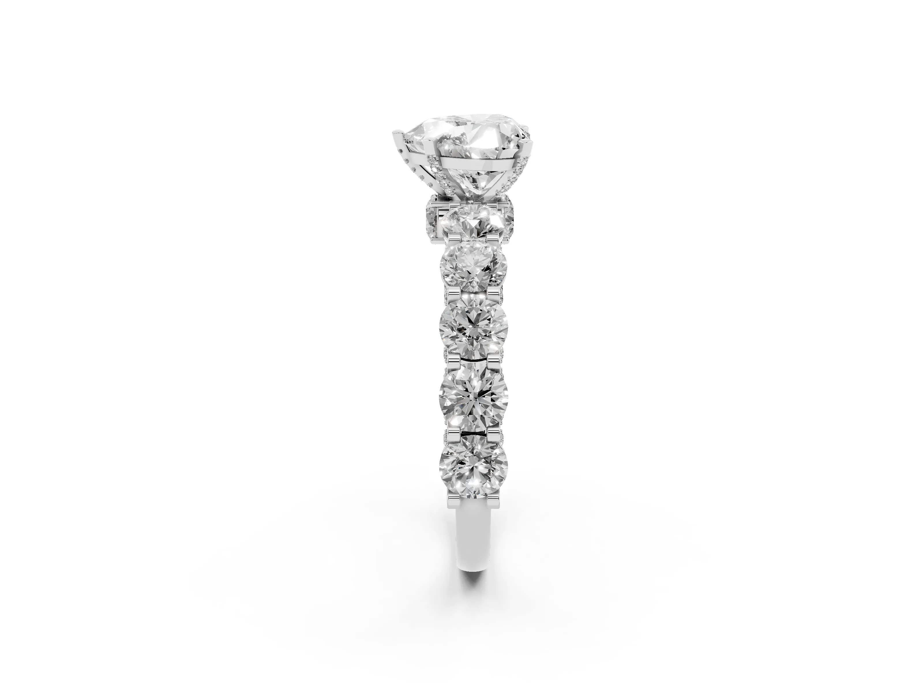 Heart Cut Diamond Side Stone Ring Set in Platinum with Alternating Round and Oval Side Stones