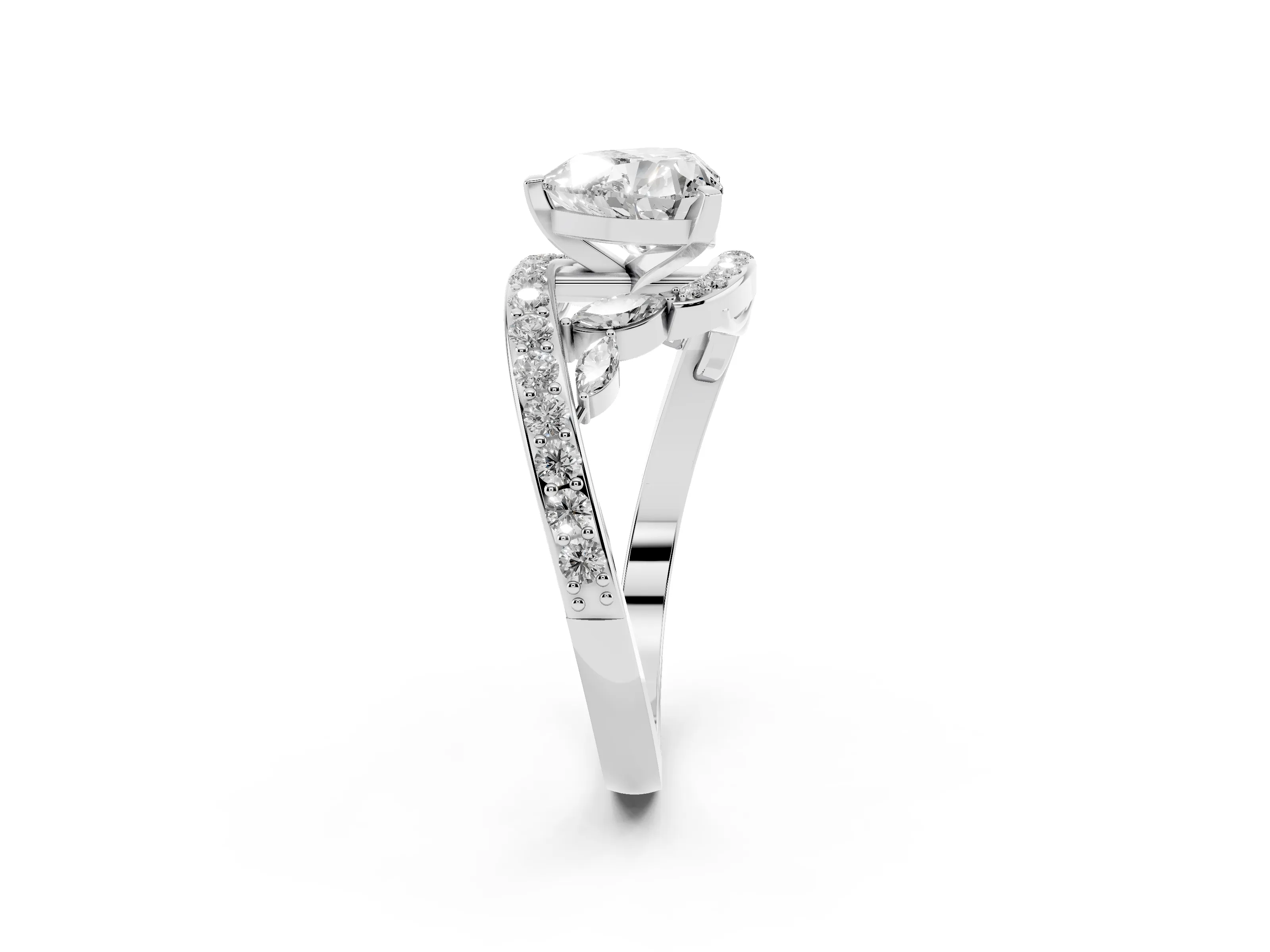 Heart Cut Diamond Solitaire Ring Set in Silver with Pavé Twist Band and Secure Prong Setting