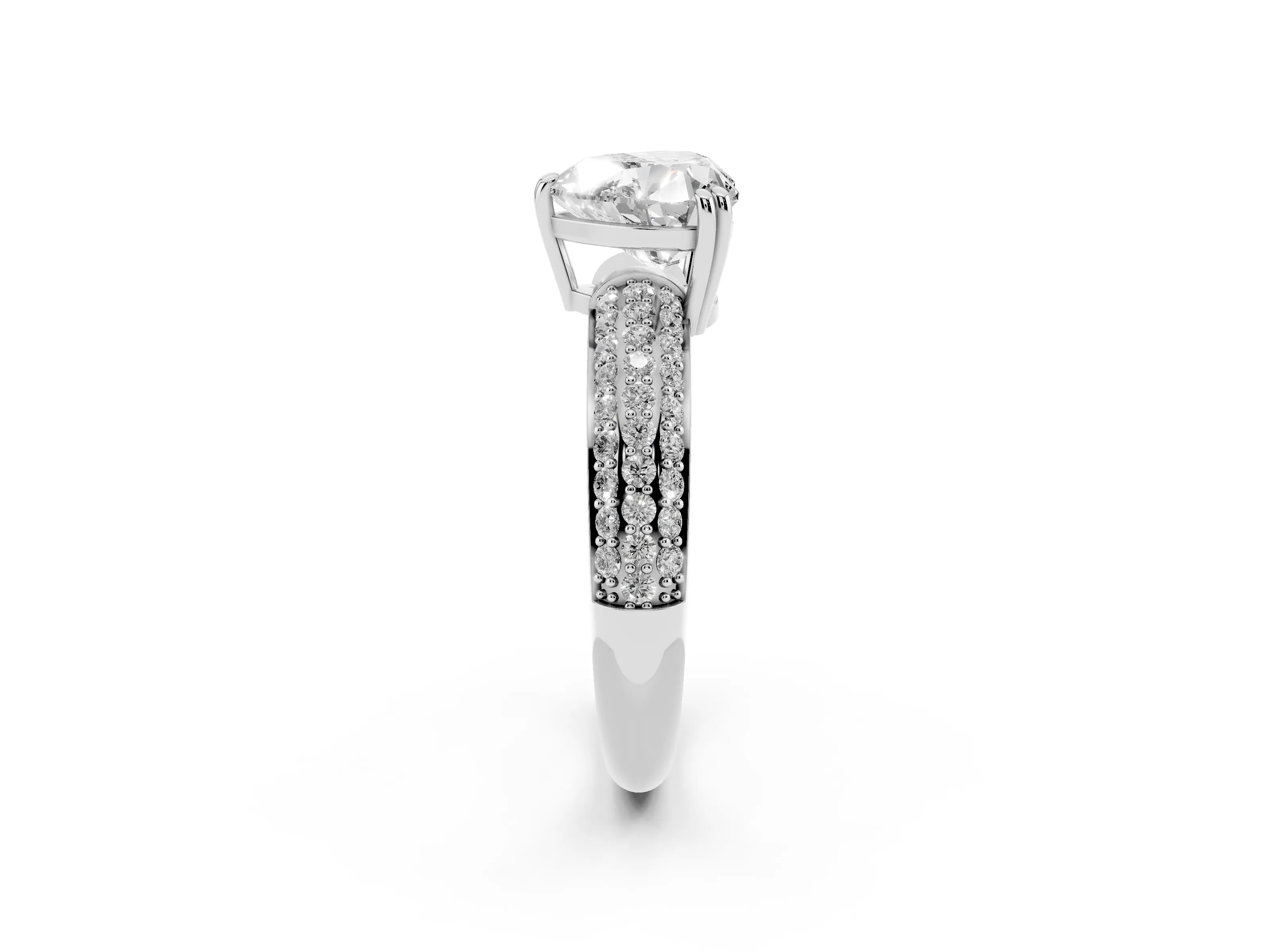 Heart Cut Diamond Solitaire Ring Set in Platinum with Multi-Row Round Pavé Band and Prong Setting