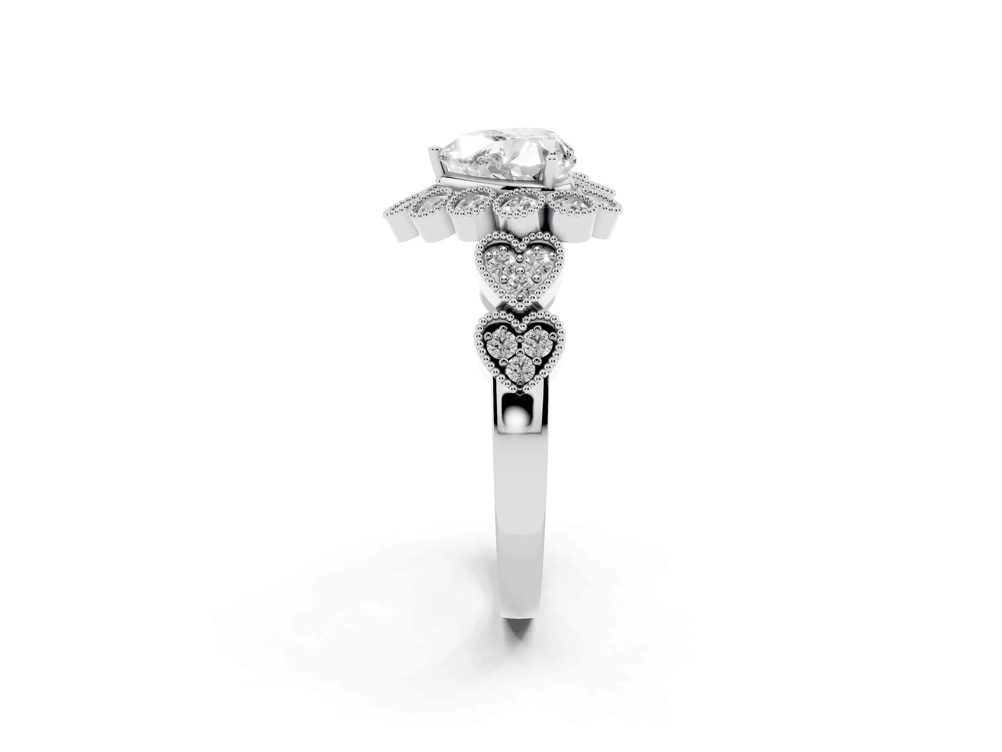 Heart Cut Diamond Solitaire Ring Set in White gold with Milgrain Pavé Heart Band