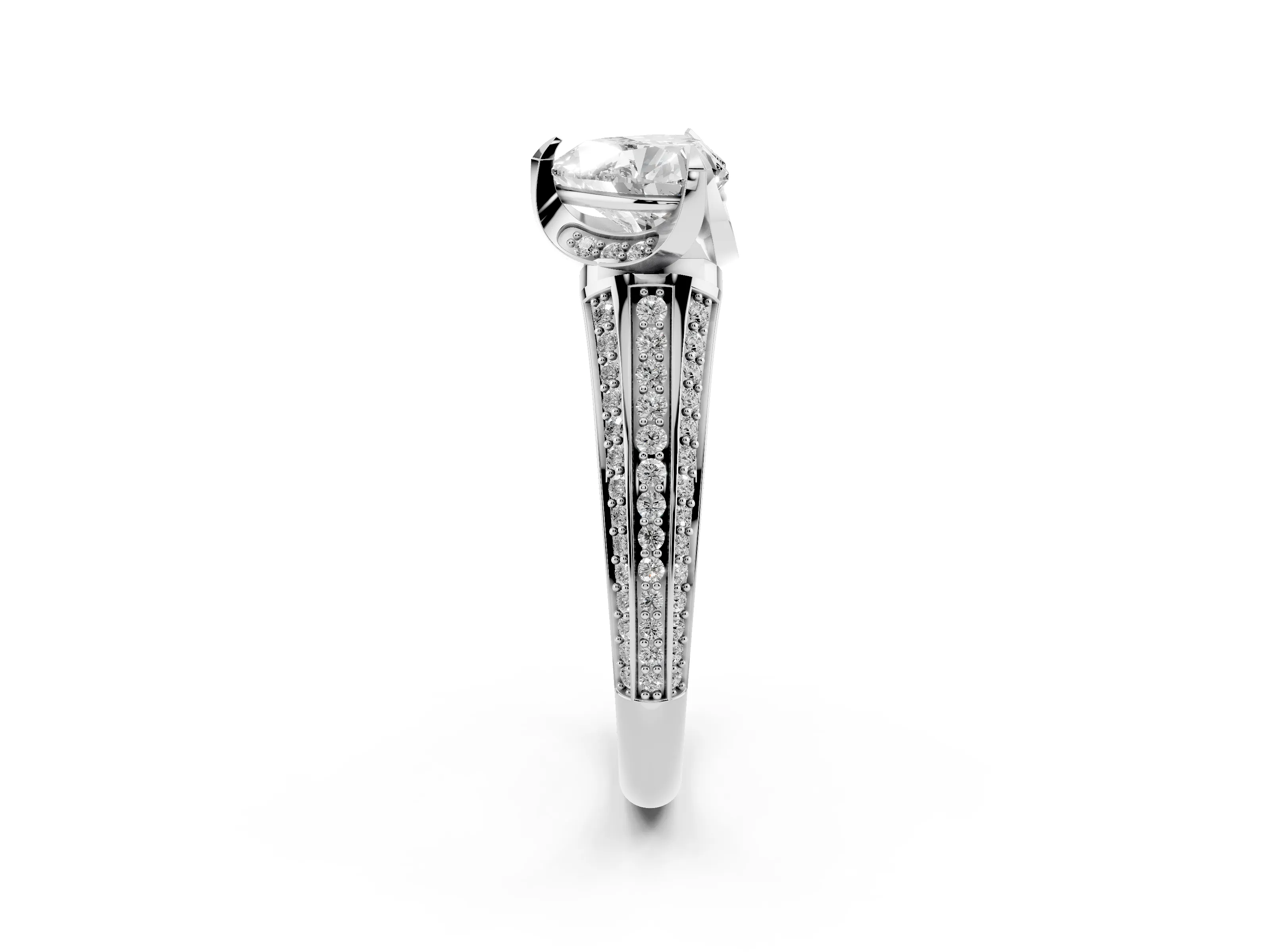Heart Cut Diamond Pavé Split Shank Solitaire Ring Set in Platinum with Prong Setting