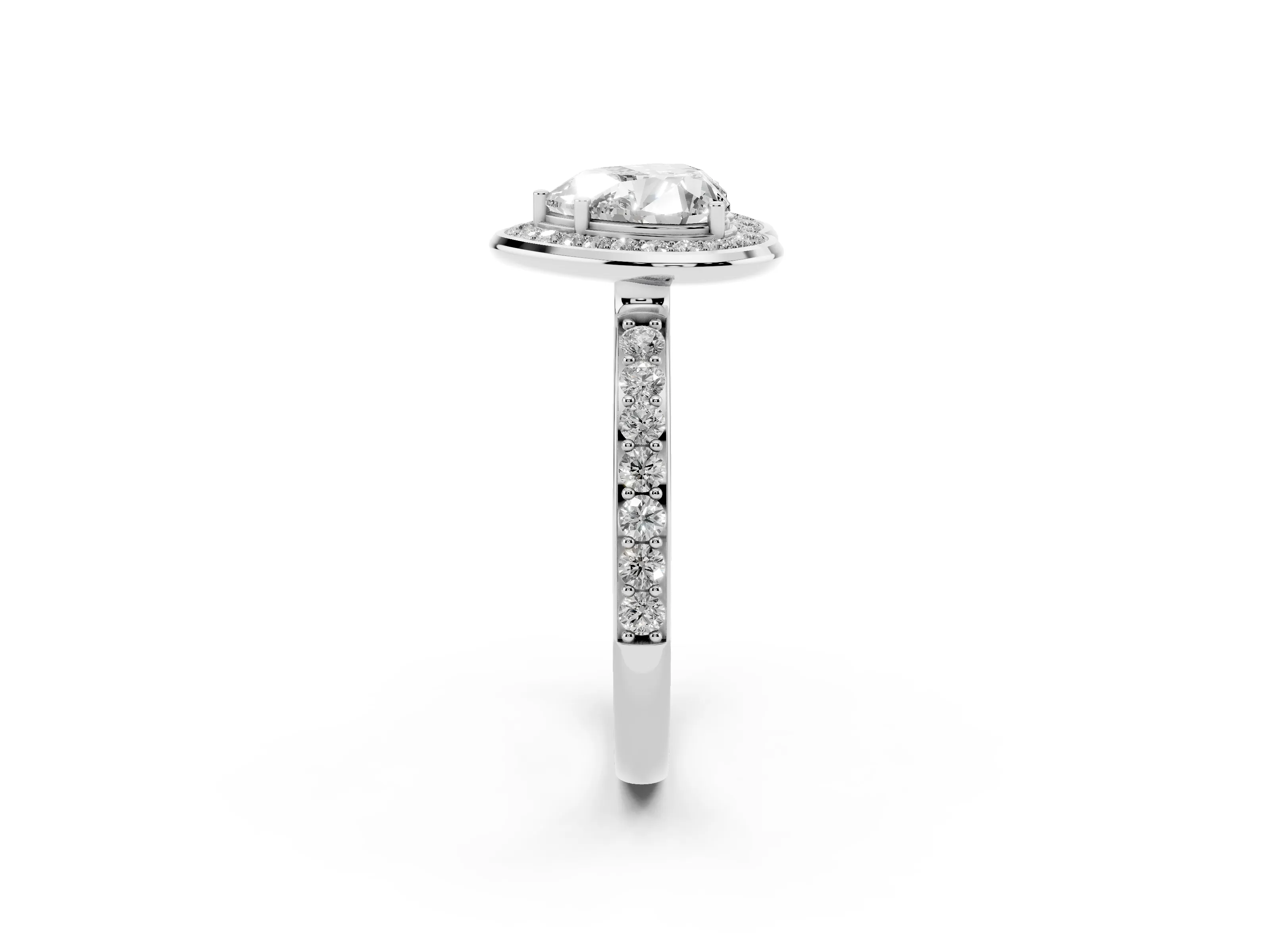 Heart Cut Diamond Halo Ring Set in White gold with Bezel Frame and Pavé Band