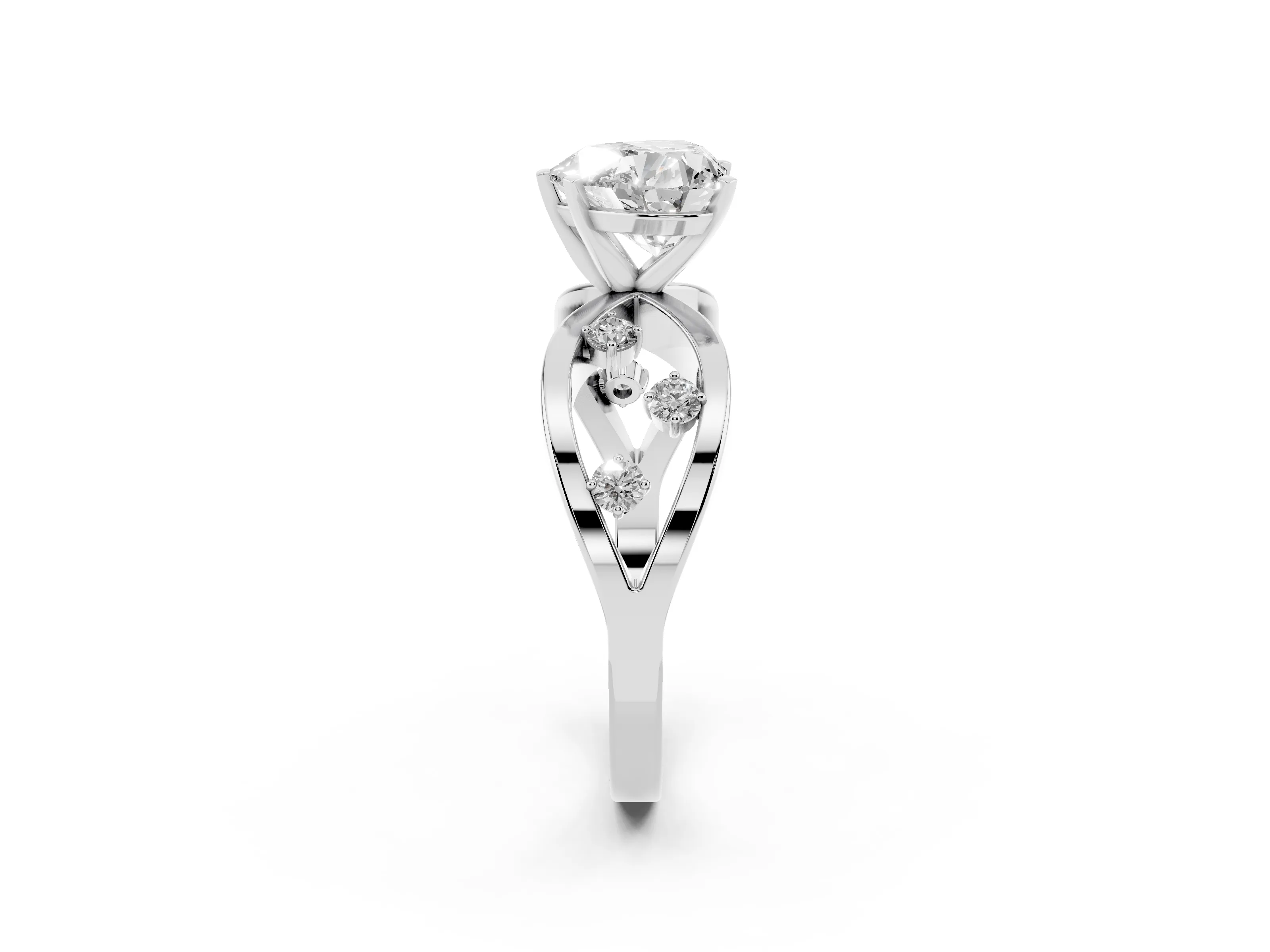 Heart Cut Diamond Solitaire Ring Set in Platinum with Side Stones on Criss-Cross Band and Prong Setting