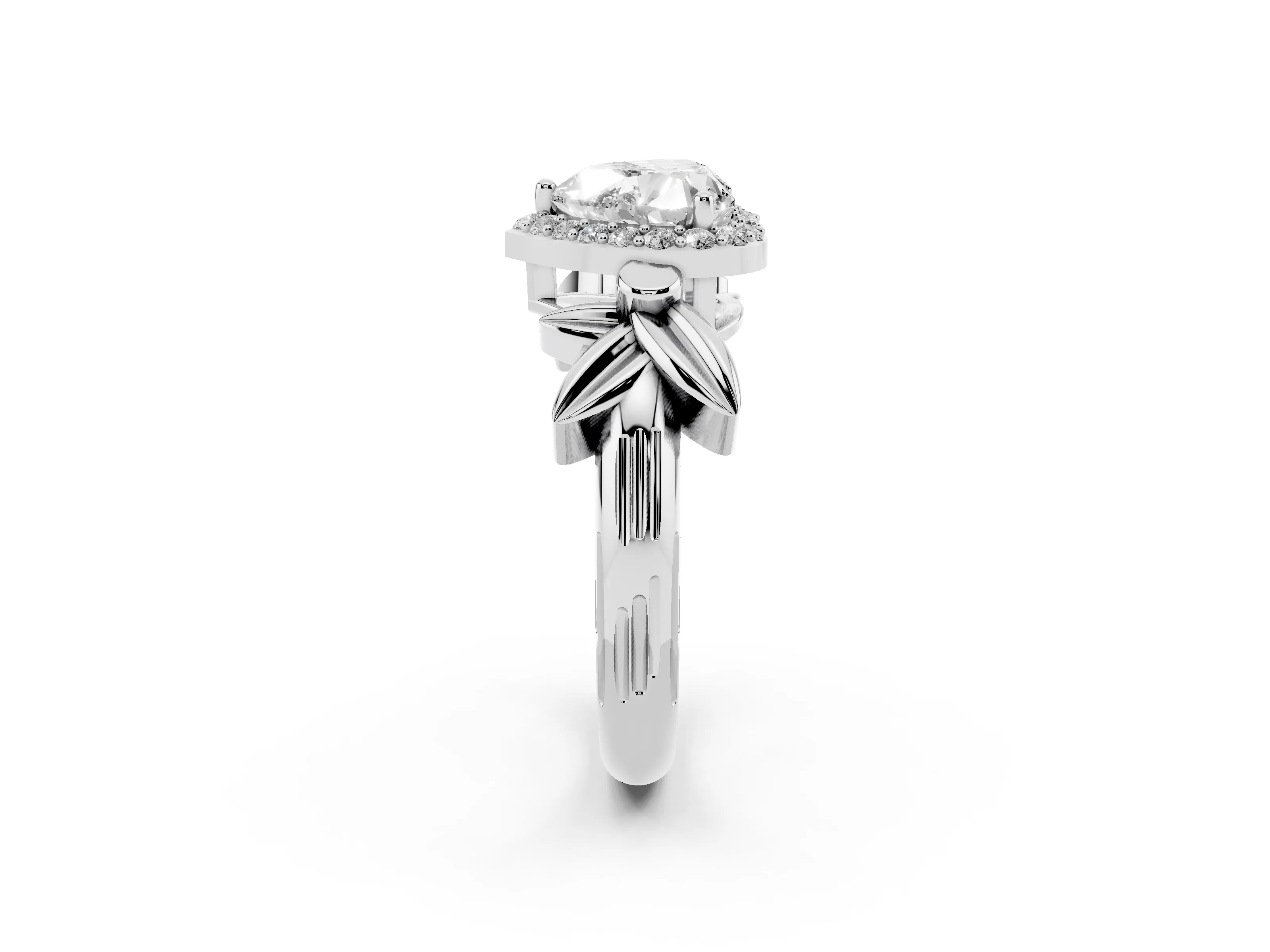 Heart Cut Diamond Halo Floral Band Ring Set in Silver with Prong Setting