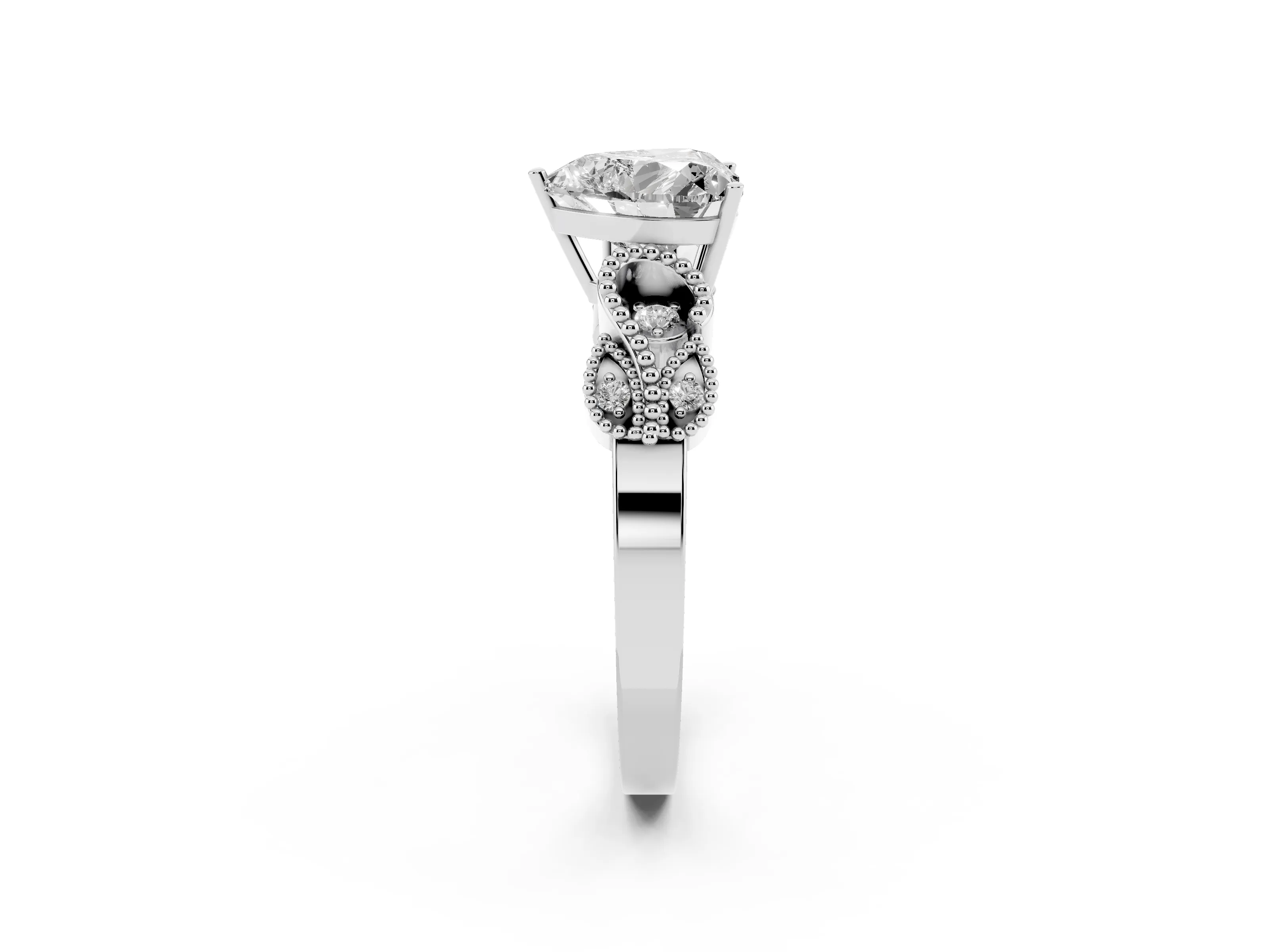 Heart Cut Diamond Milgrain Leaf Band Solitaire Ring Set in Silver with Accent Stones and Prong Setting