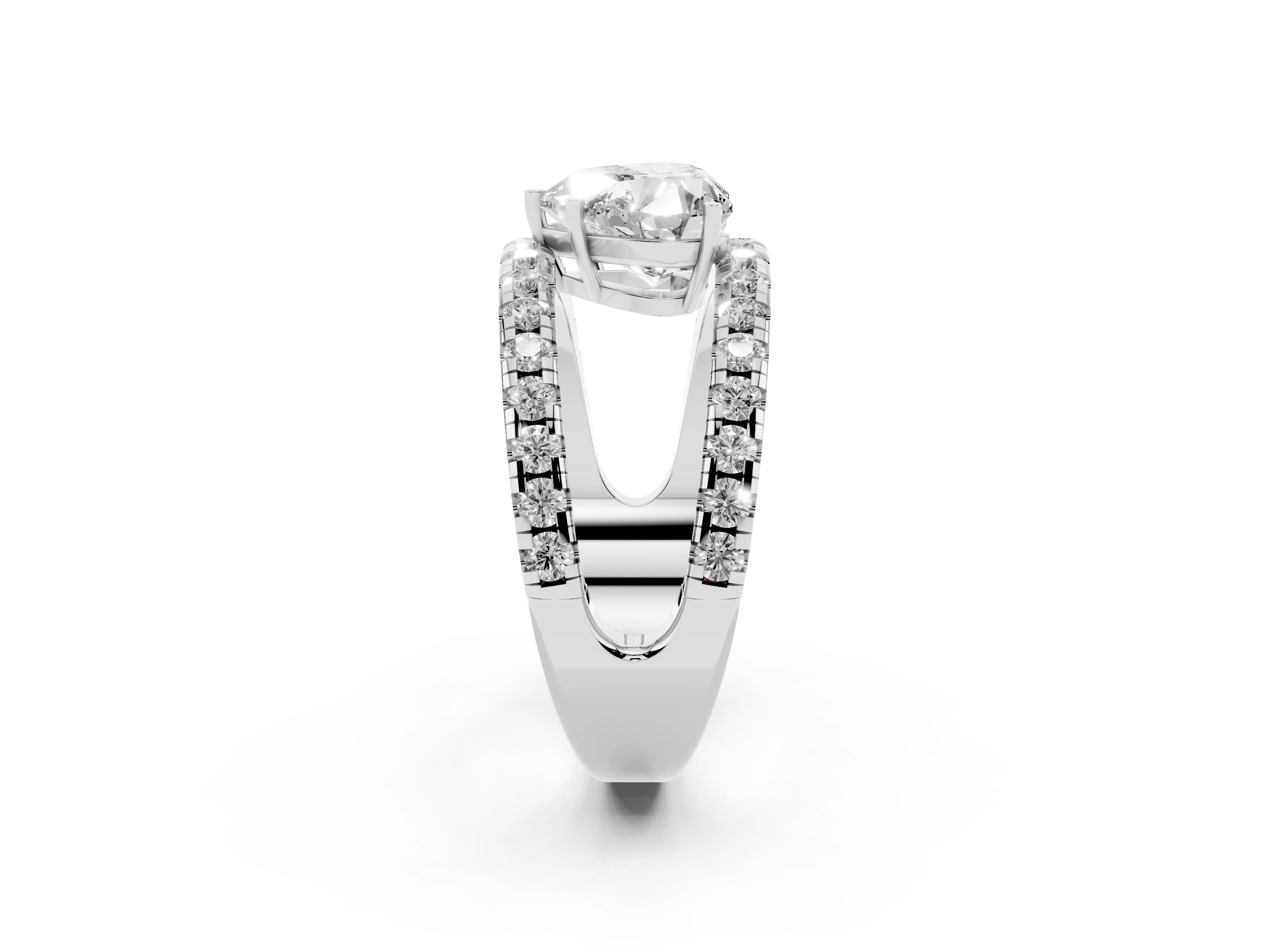 Heart Cut Diamond Split Shank Pavé Solitaire Ring Set in White gold with Open Shank Design