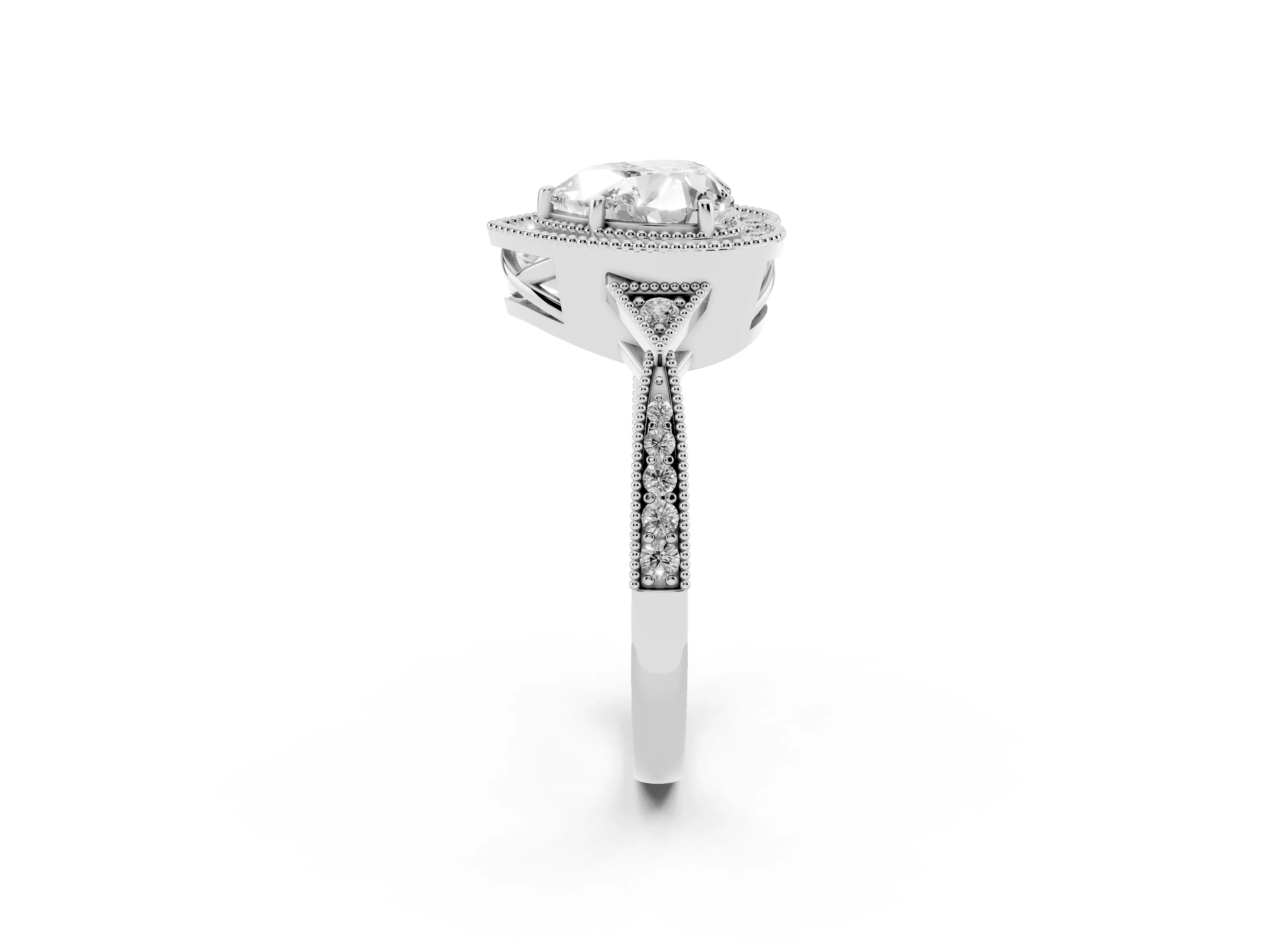 Heart Cut Diamond Halo Engagement Ring Set in White gold with Milgrain Pavé Band