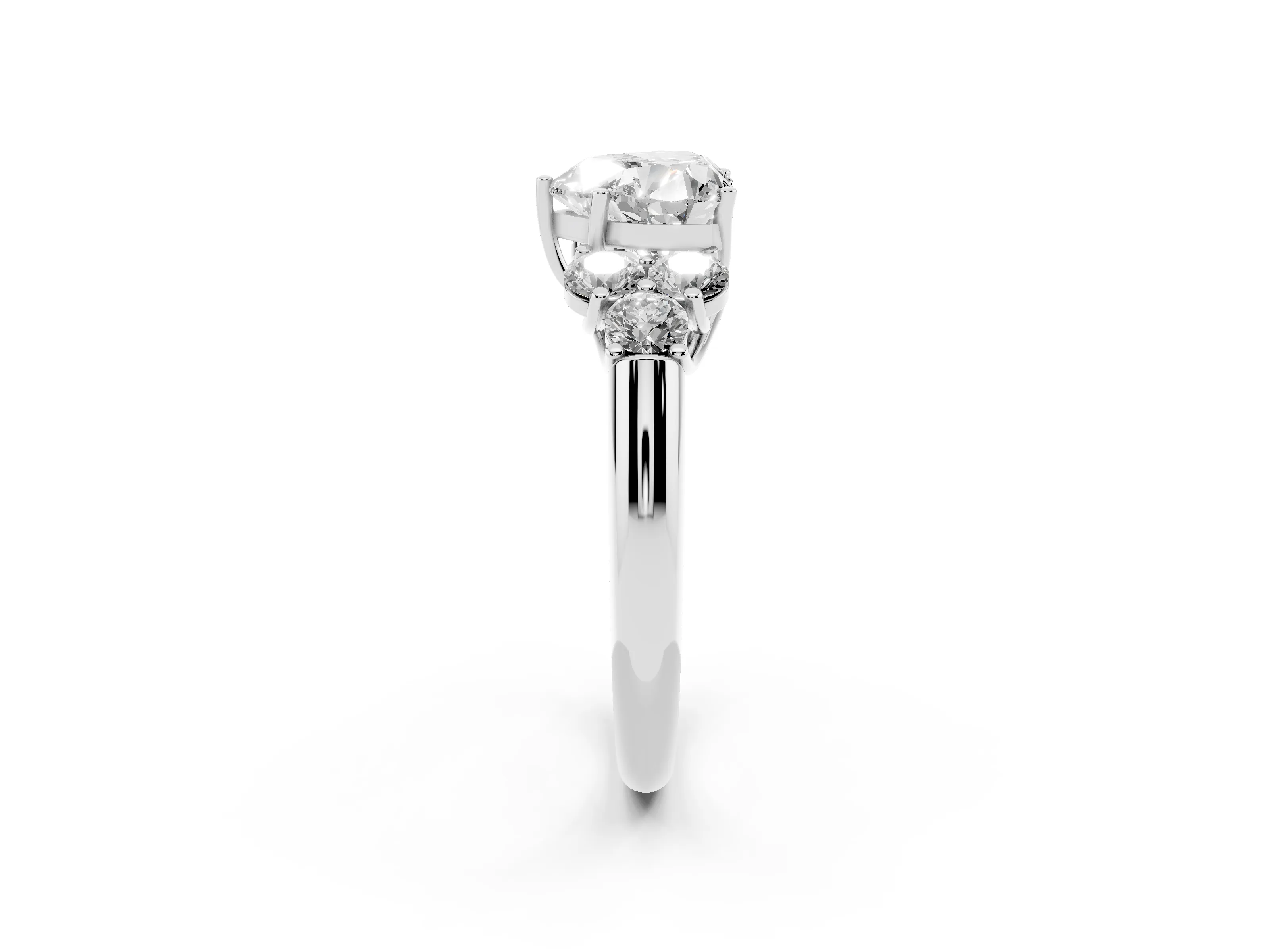 Heart Cut Diamond Cluster Ring Set in Silver with Round Accent Stones and Prong Setting on a Plain Band
