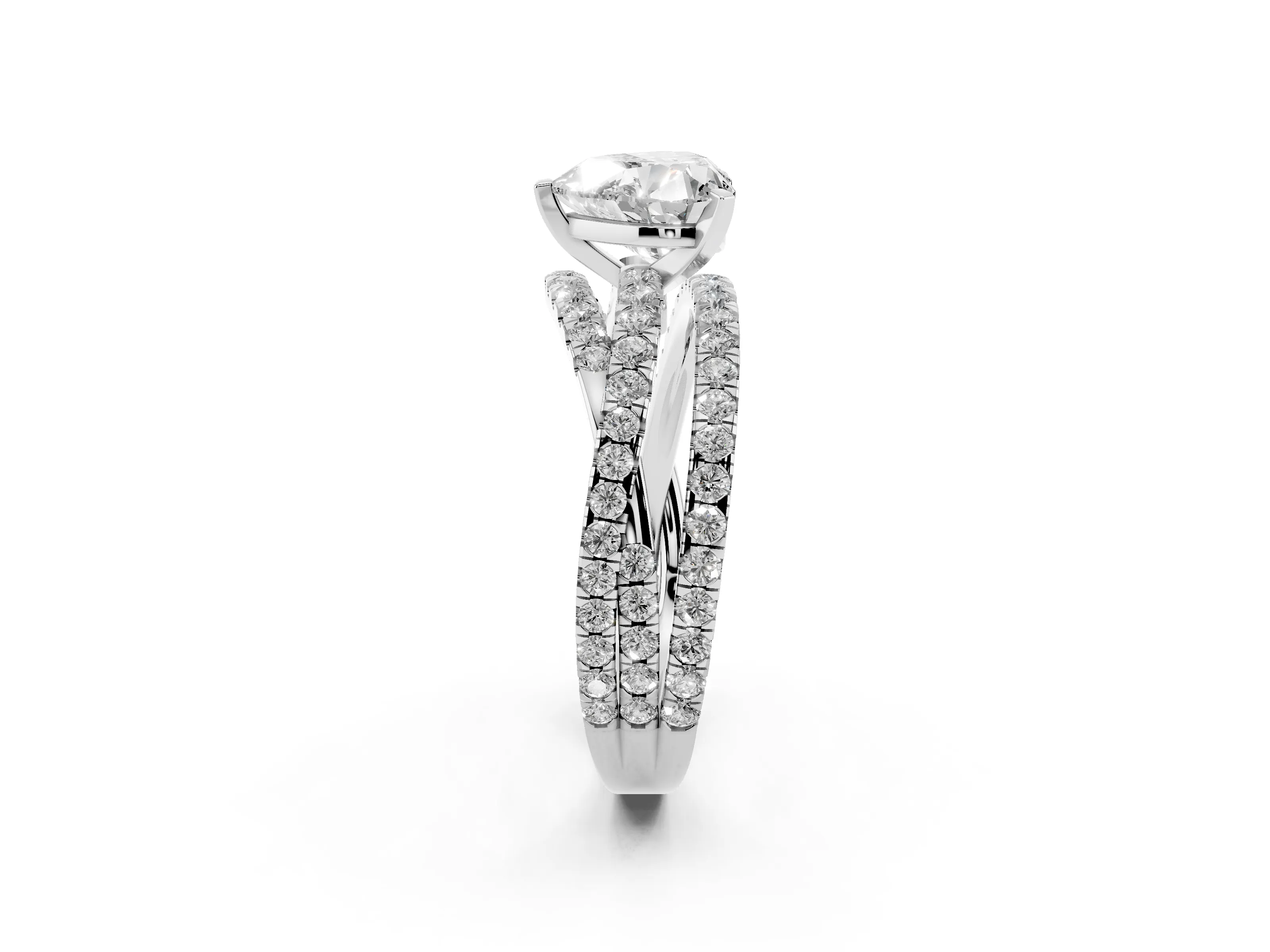 Heart Cut Diamond Solitaire Twist Band Ring Set in White gold with Pavé Setting and Prong Head