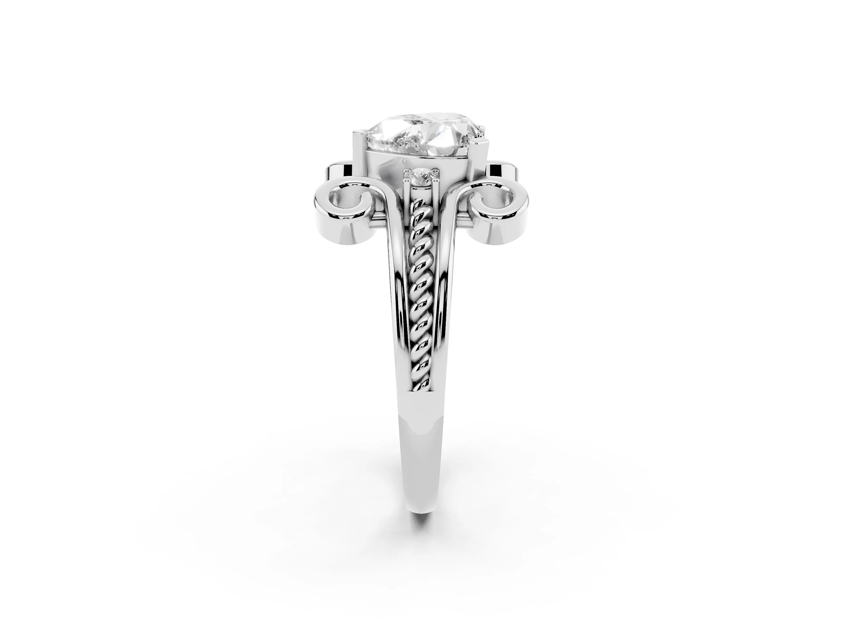 Heart Cut Diamond Twisted Band Solitaire Ring Set in Platinum with Scroll Prongs