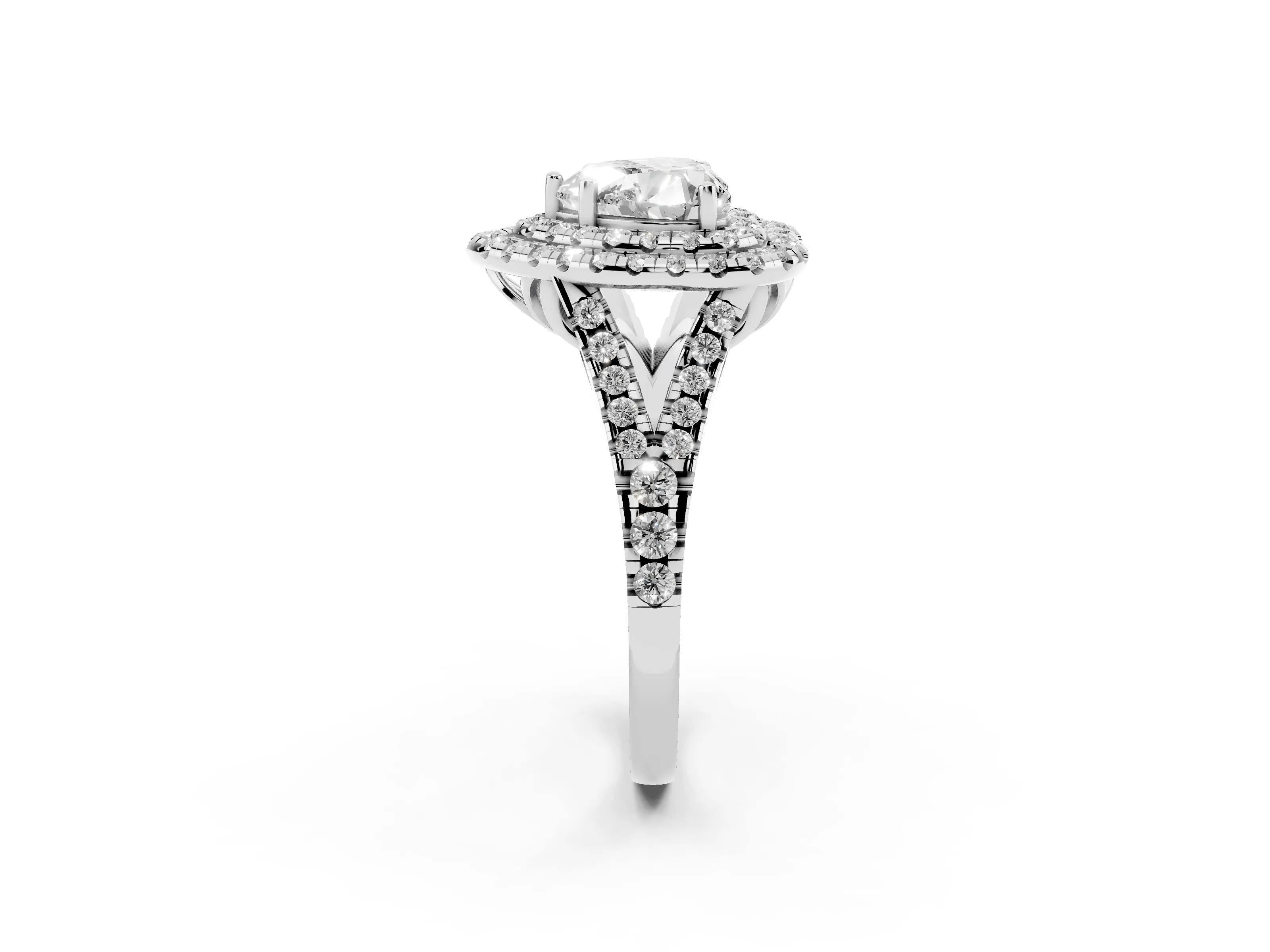 Heart Cut Diamond Double Halo Ring Set in Silver with Pavé Split Shank and Prong Setting