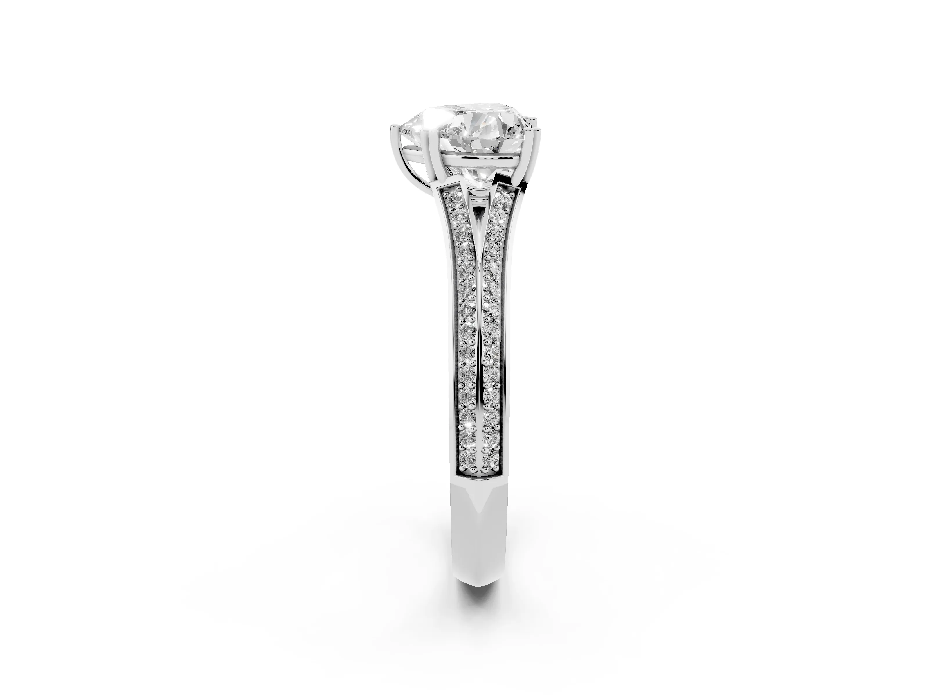 Heart Cut Diamond Split Shank Pavé Engagement Ring Set in White gold with Prong-Set Center Stone