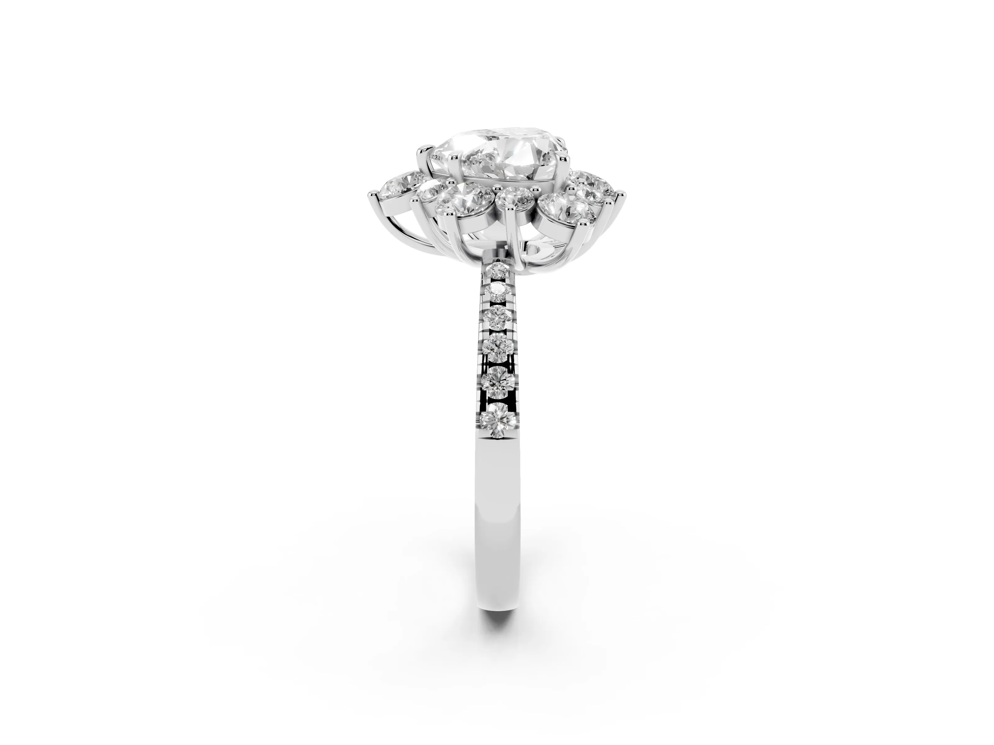 Heart Cut Diamond Floral Halo Ring Set in Platinum with Round Pavé Band and Prong Setting