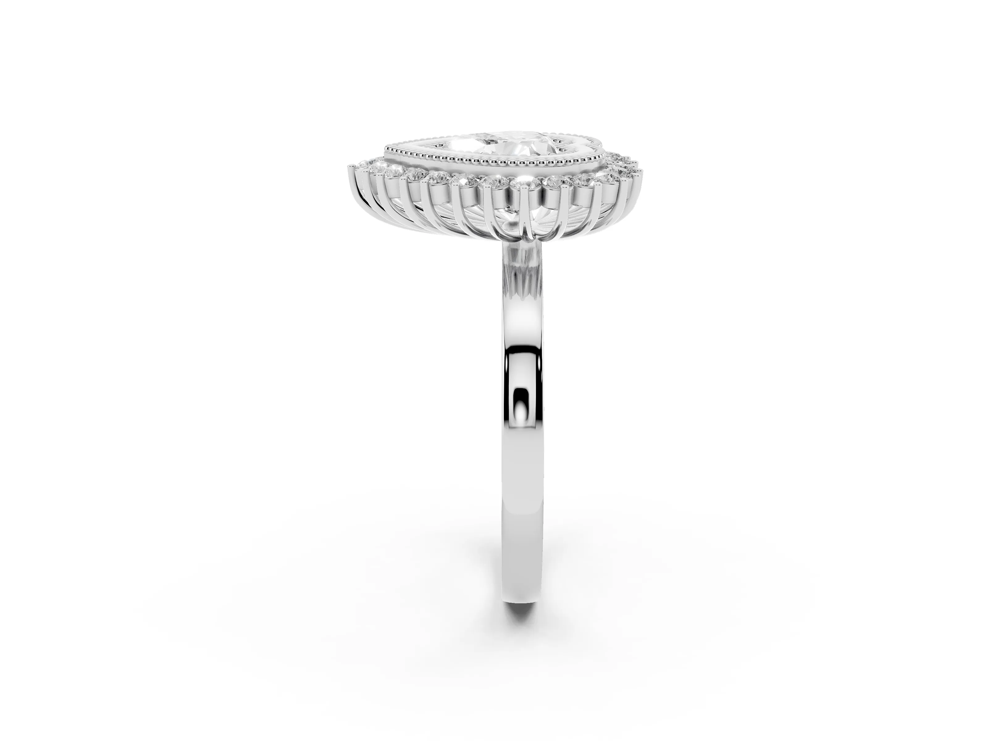 Heart Cut Diamond Halo Ring Set in White gold with Milgrain Edge and Round Prong Setting