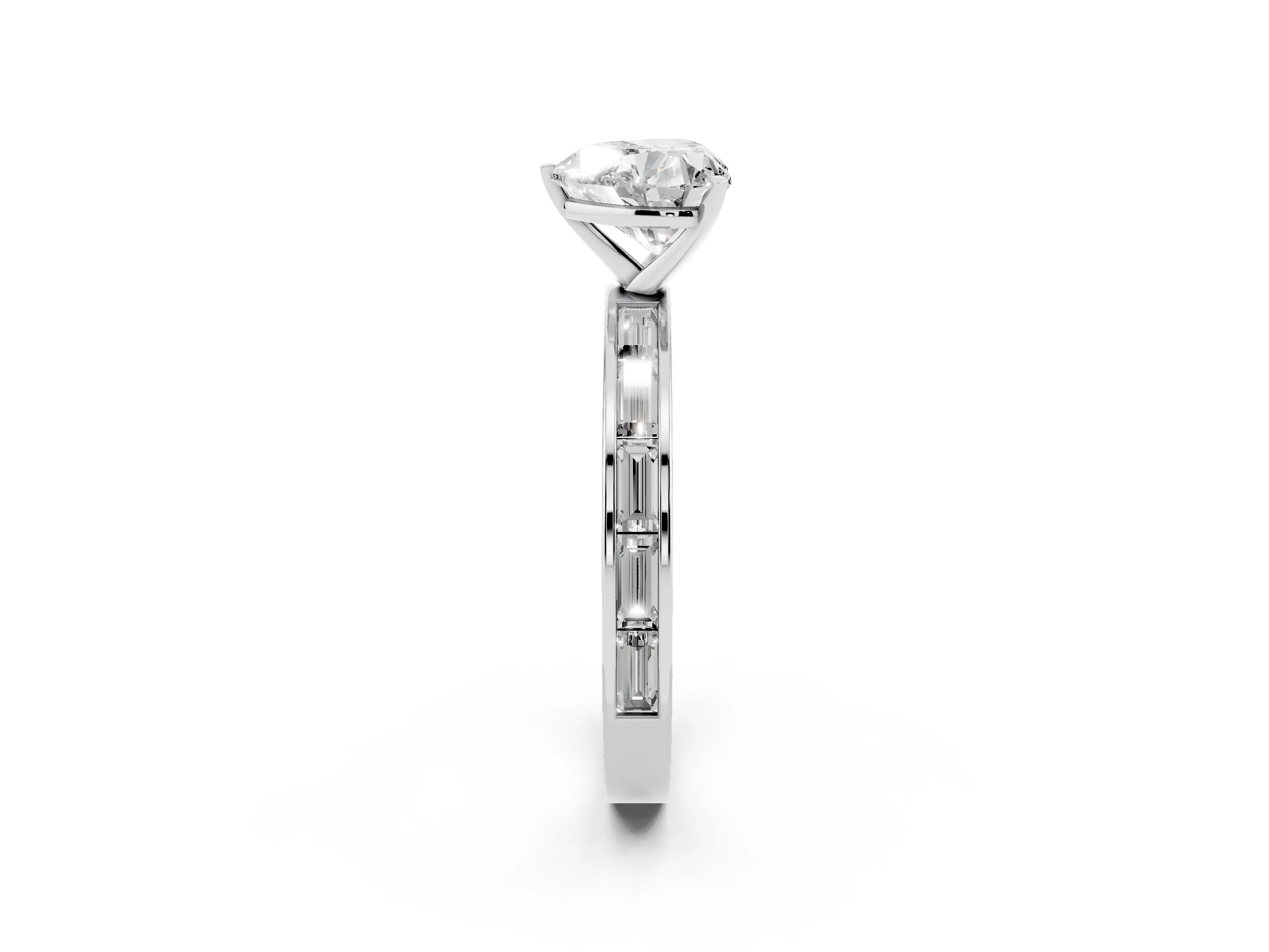 Heart Cut Diamond Solitaire Ring Set in White gold with Channel-Set Baguette Band and Prong Setting