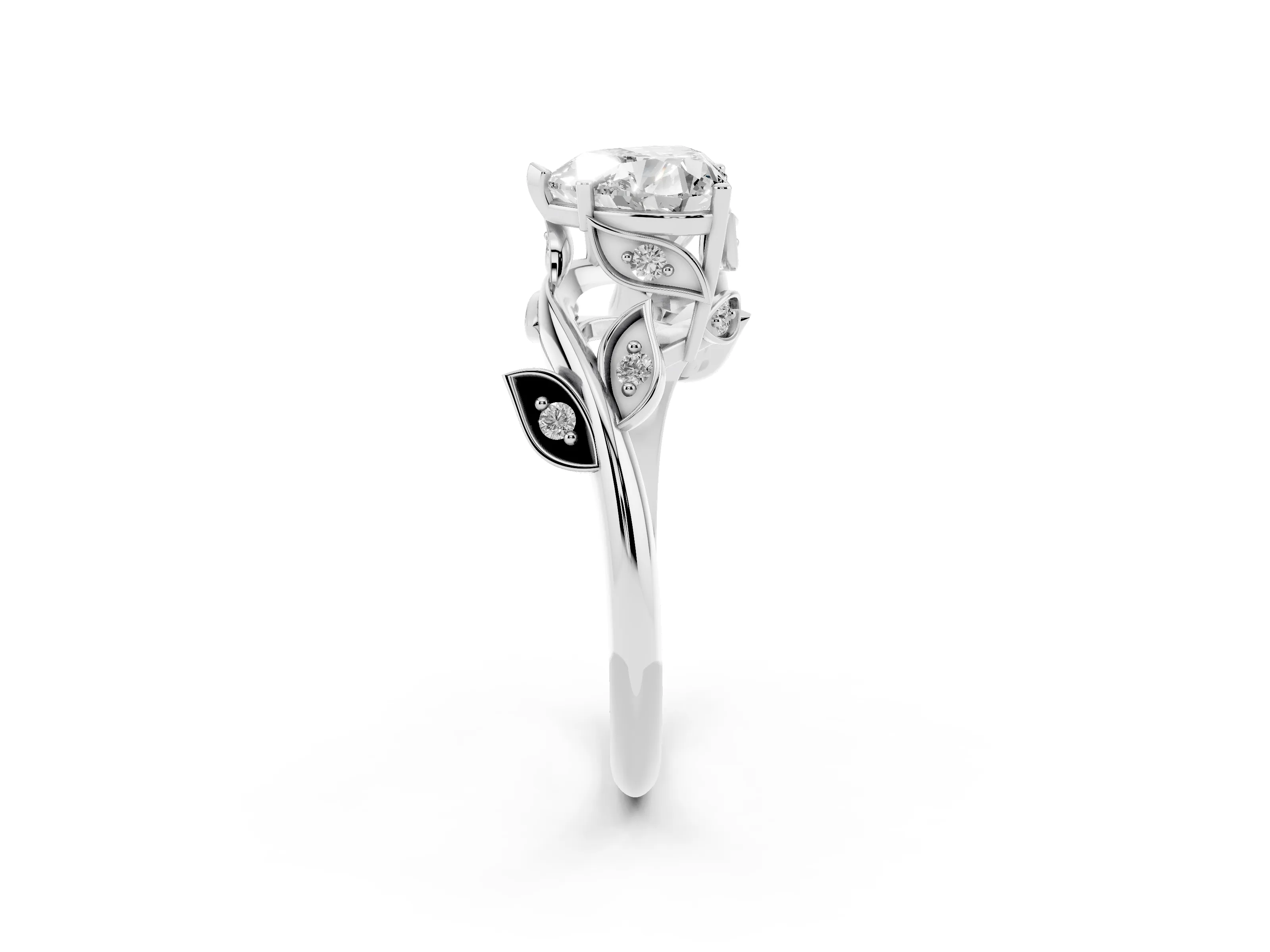 Heart Cut Diamond Solitaire Twist Engagement Ring Set in Silver with Pavé Leaf Accents