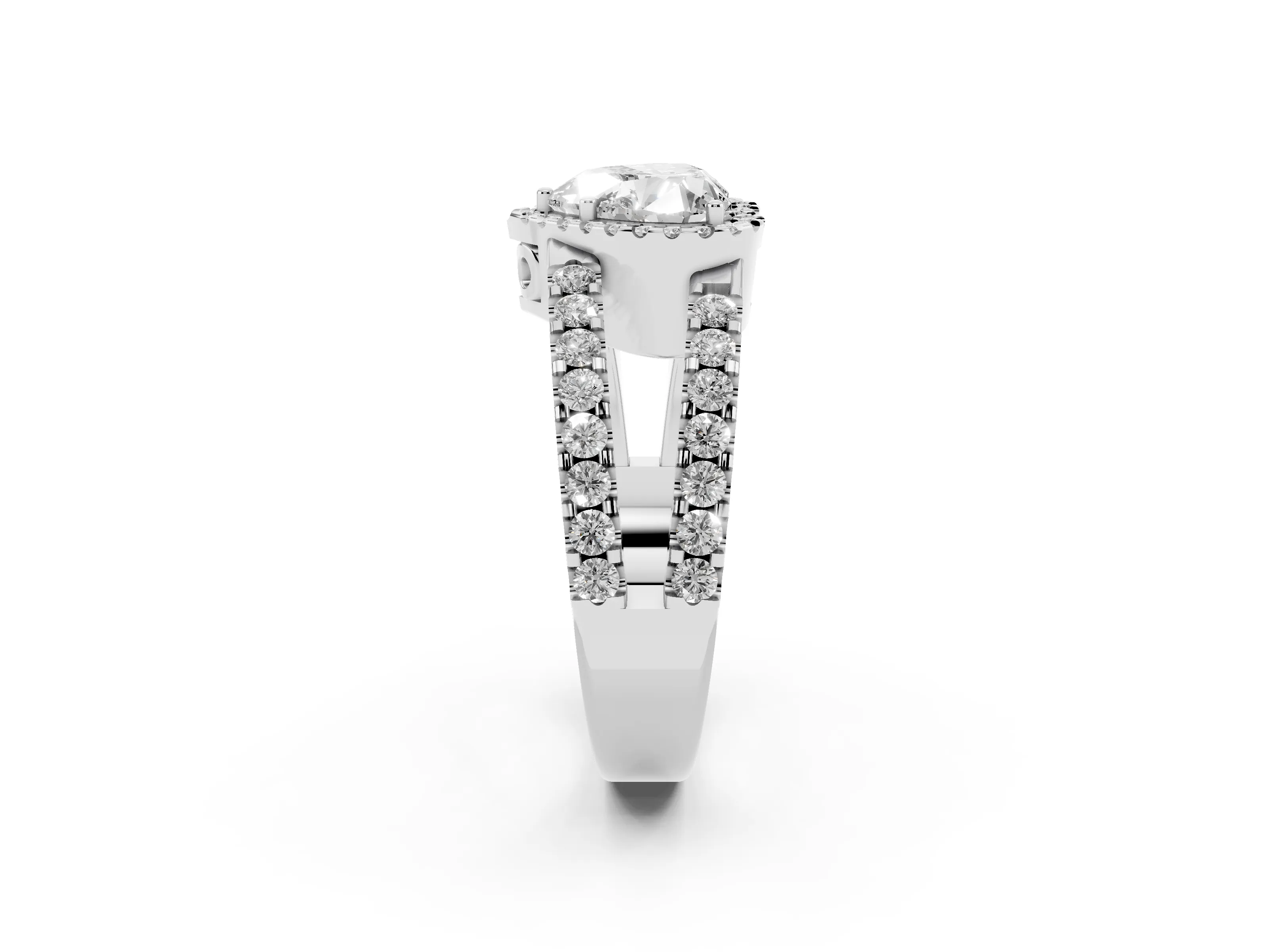 Heart Cut Diamond Halo Ring Set in White gold with Pavé Split Shank and Prong Setting