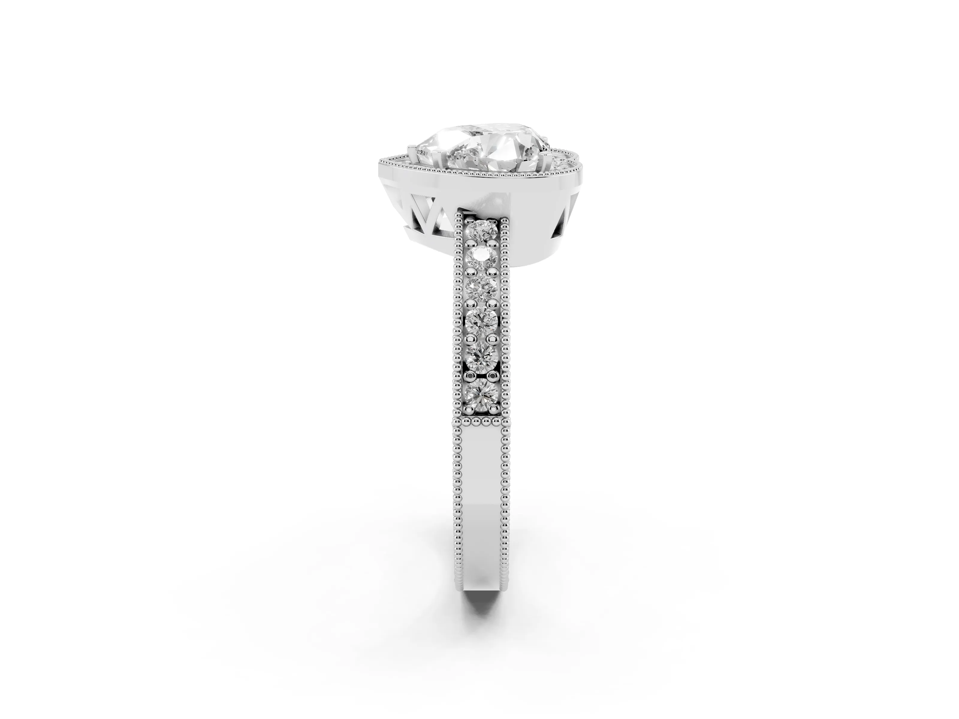 Heart Cut Diamond Halo Pavé Band Ring Set in Platinum with Prong-Set Center