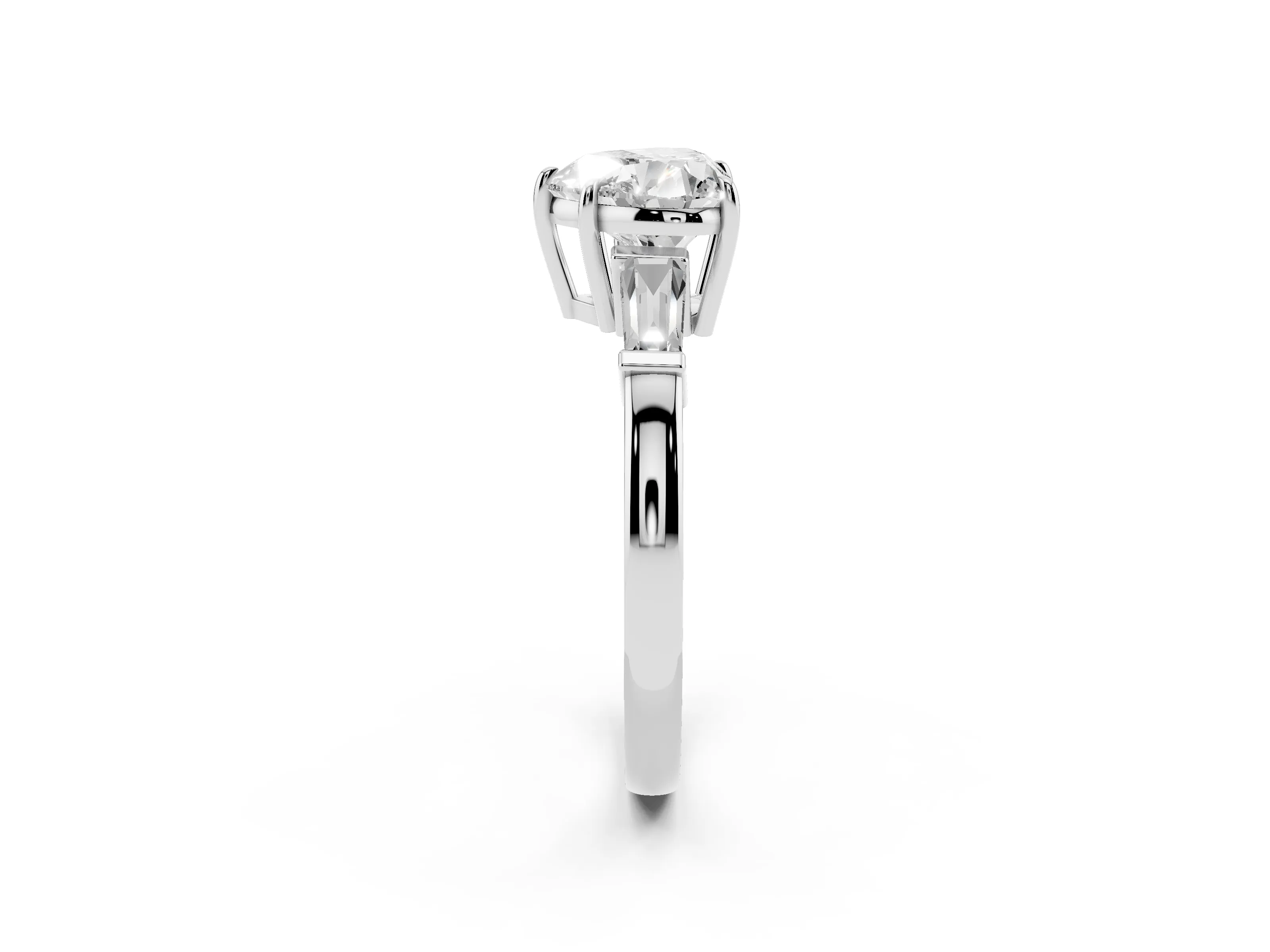 Heart Cut Diamond Three-Stone Ring Set in Platinum with Tapered Baguette Side Stones and Prong Setting
