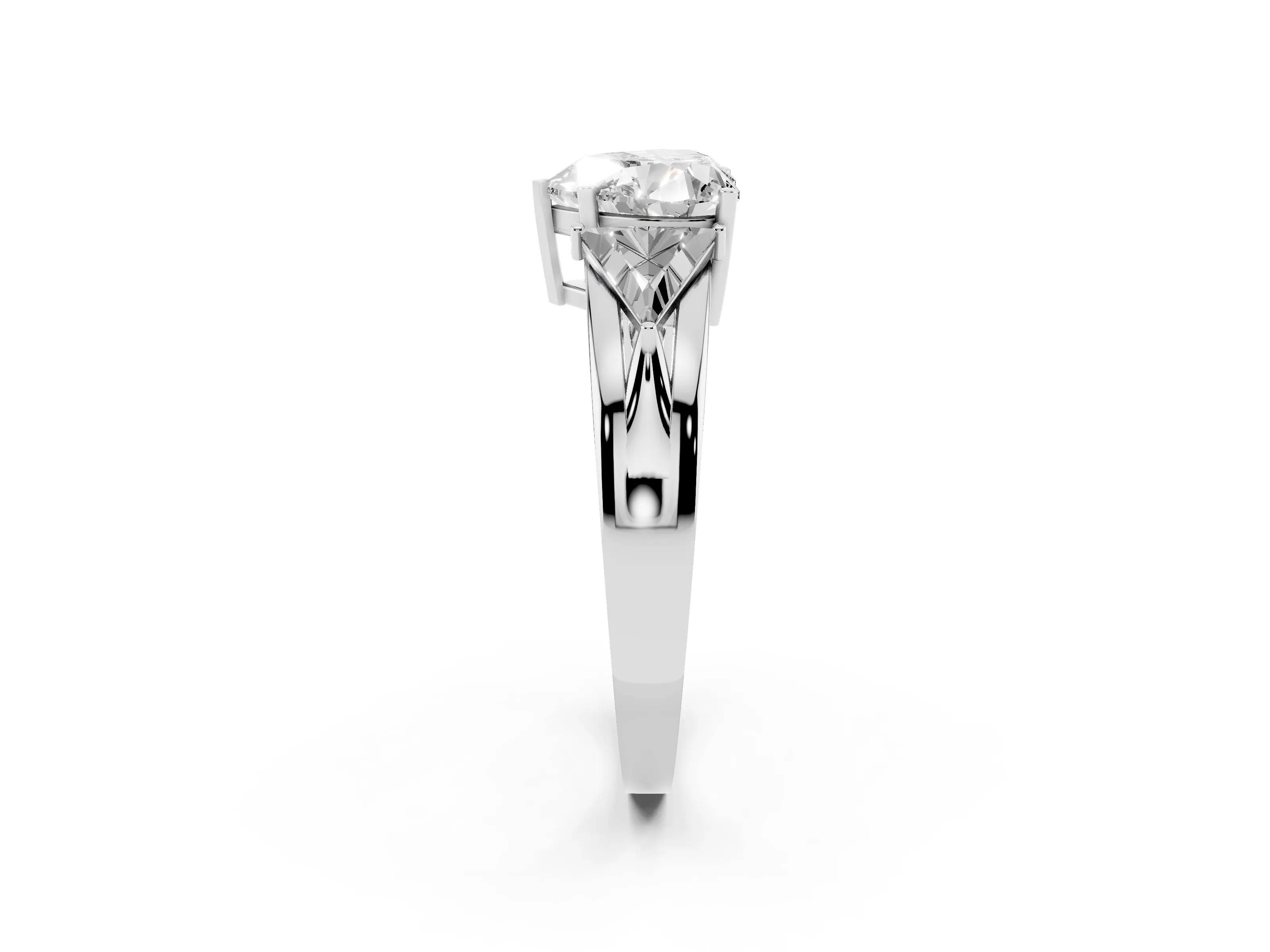 Heart Cut Diamond Three-Stone Ring Set in White gold with Trillion Side Stones and Split Shank
