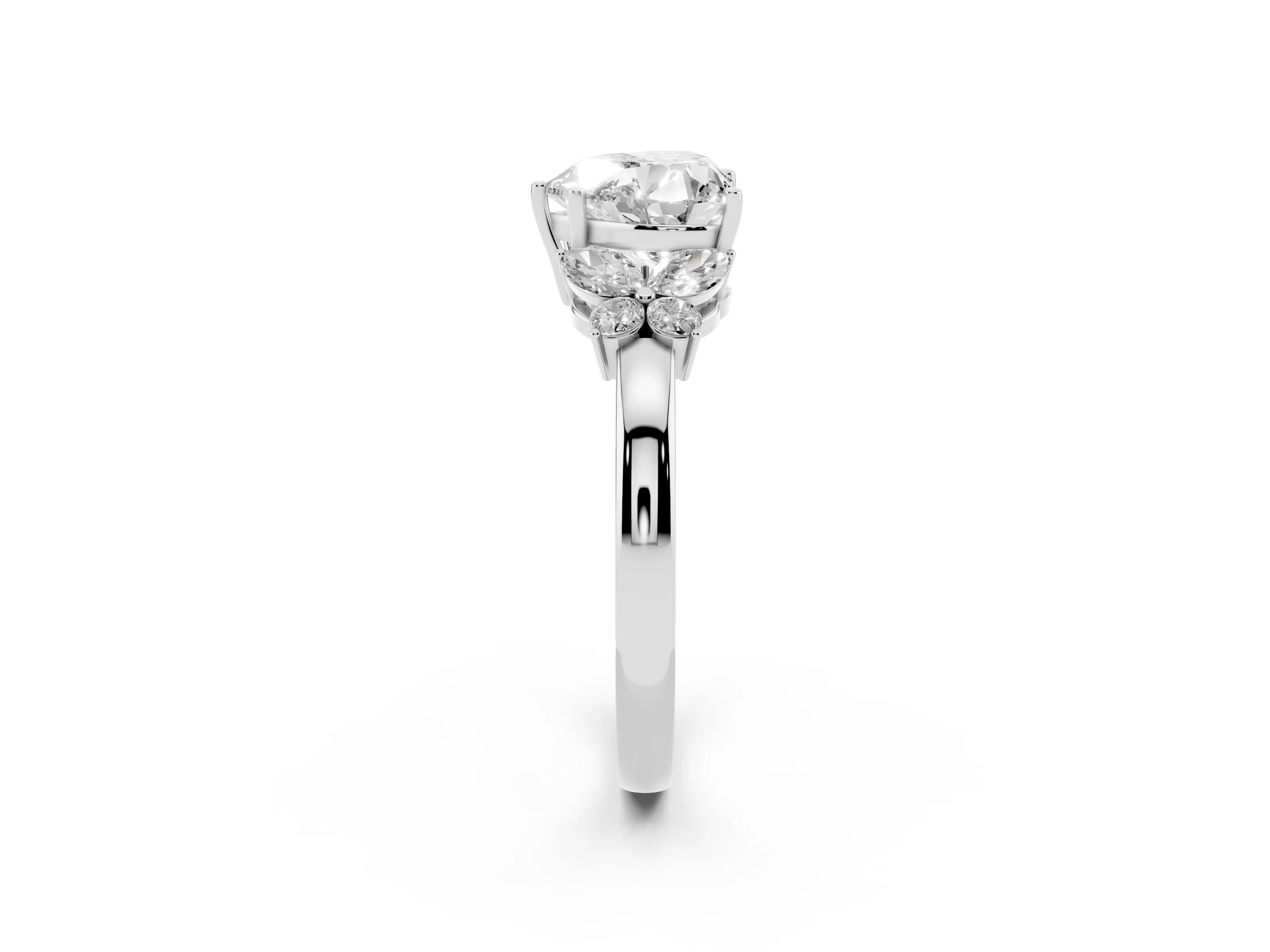 Heart Cut Diamond Solitaire Floral Ring Set in White gold with Marquise Petals and Prong Setting