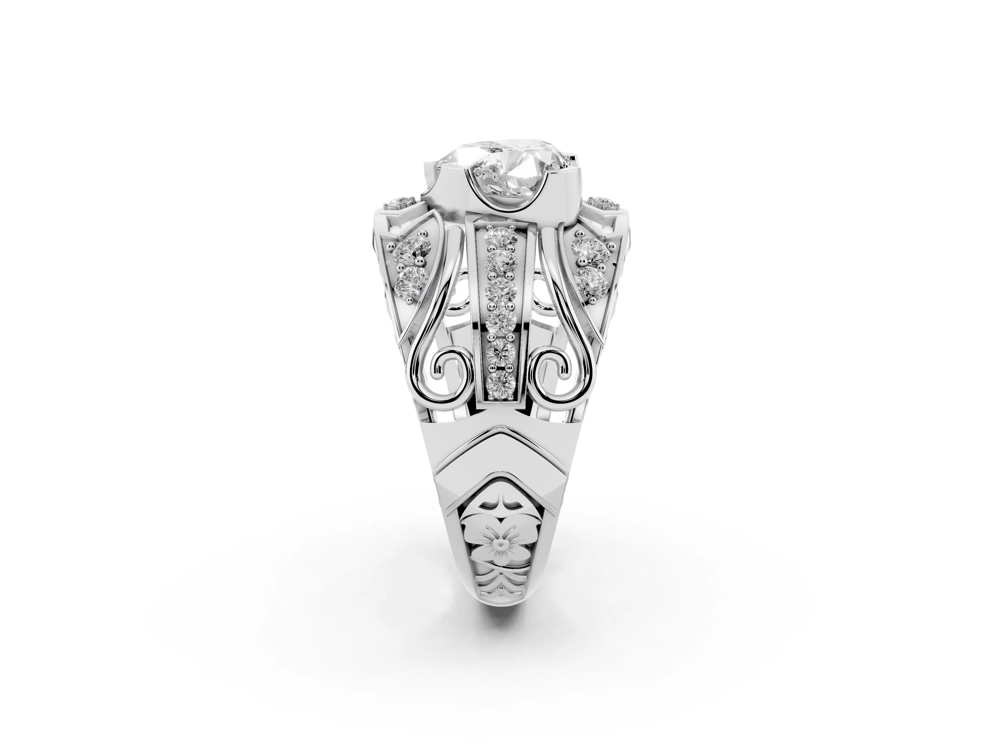 Heart Cut Diamond Art Deco Ring Set in White gold with Pavé Split Shank