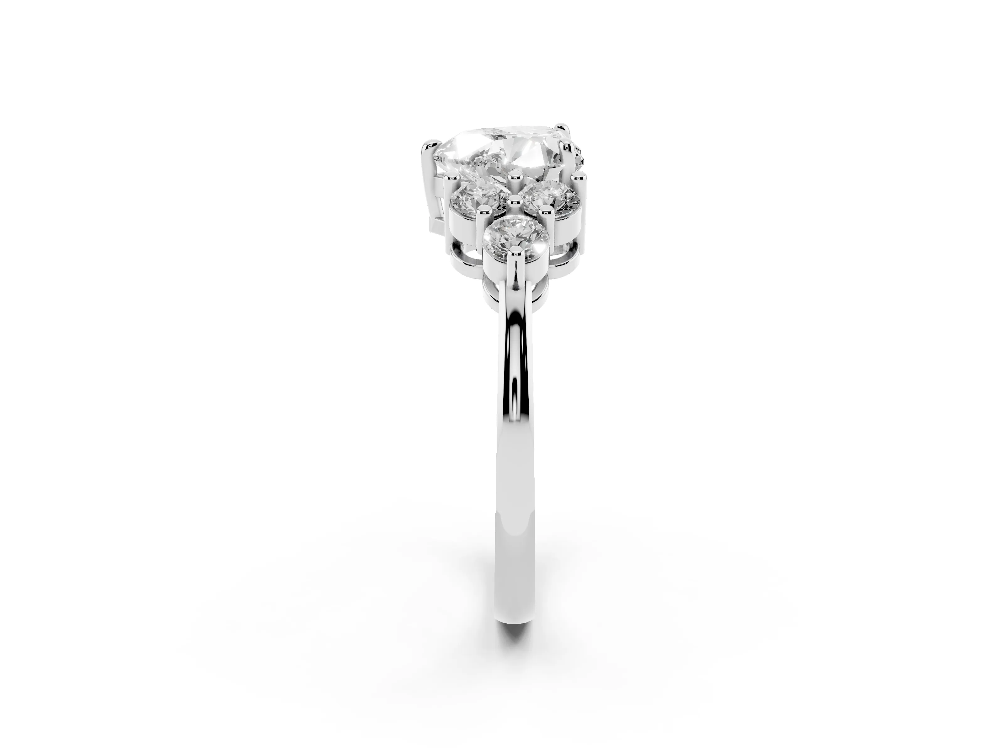Heart Cut Diamond Solitaire Ring Set in Silver with Cluster Accents on Each Side