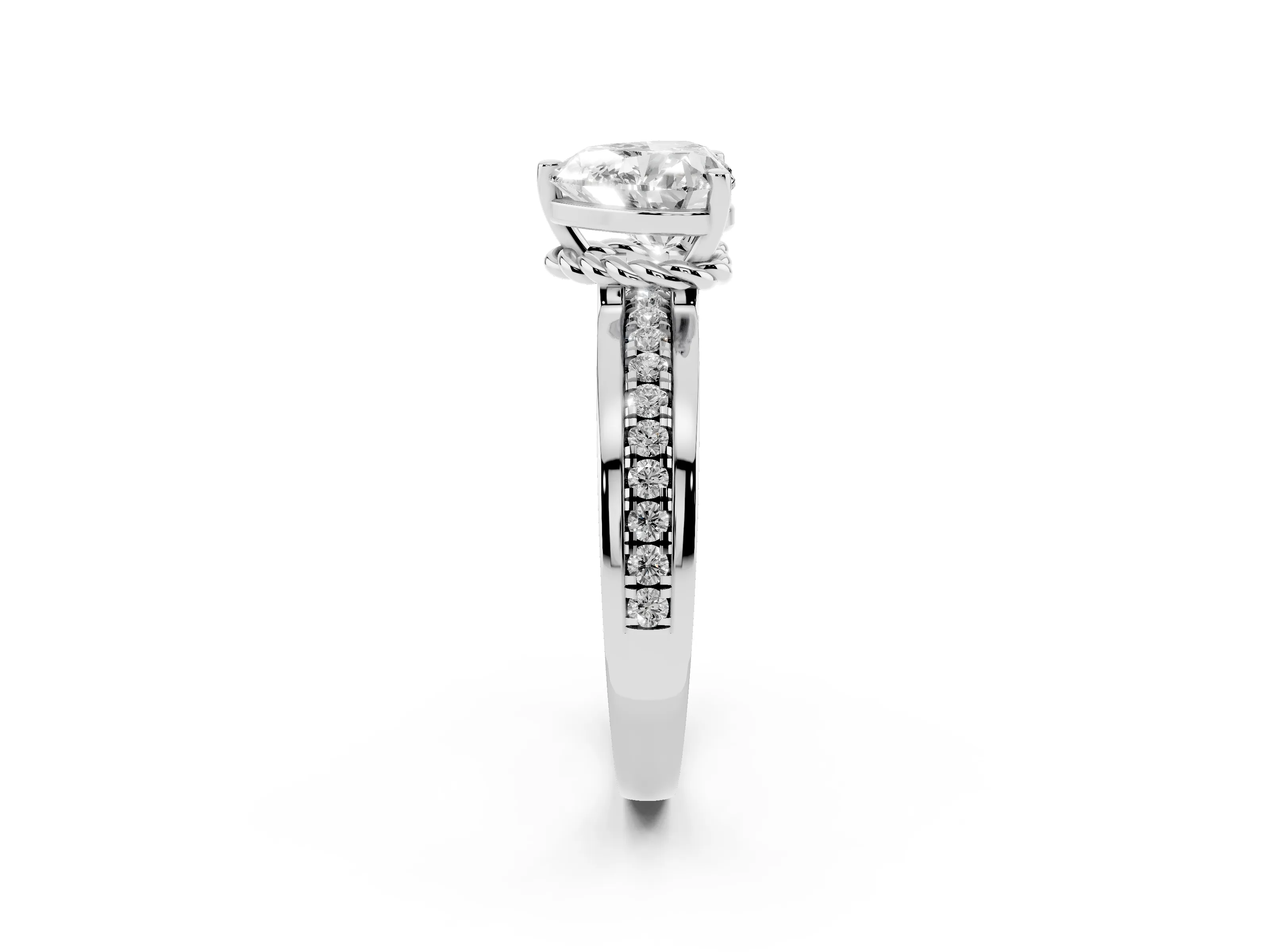 Heart Cut Diamond Solitaire Ring Set in White gold with Channel Set Band and Prong Setting