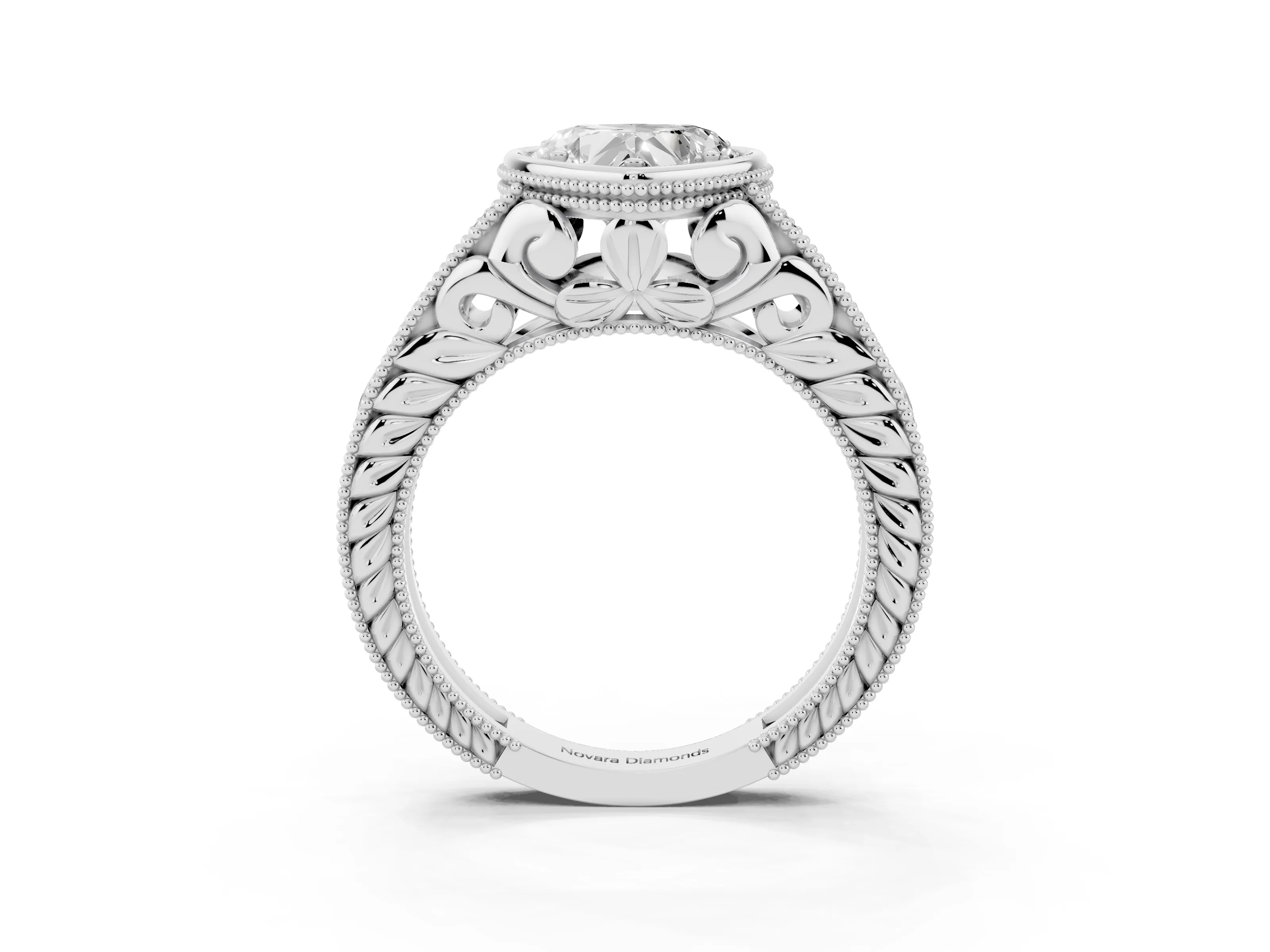 Bezel Set Heart Cut Diamond Milgrain Pavé Engagement Ring Set in Silver
