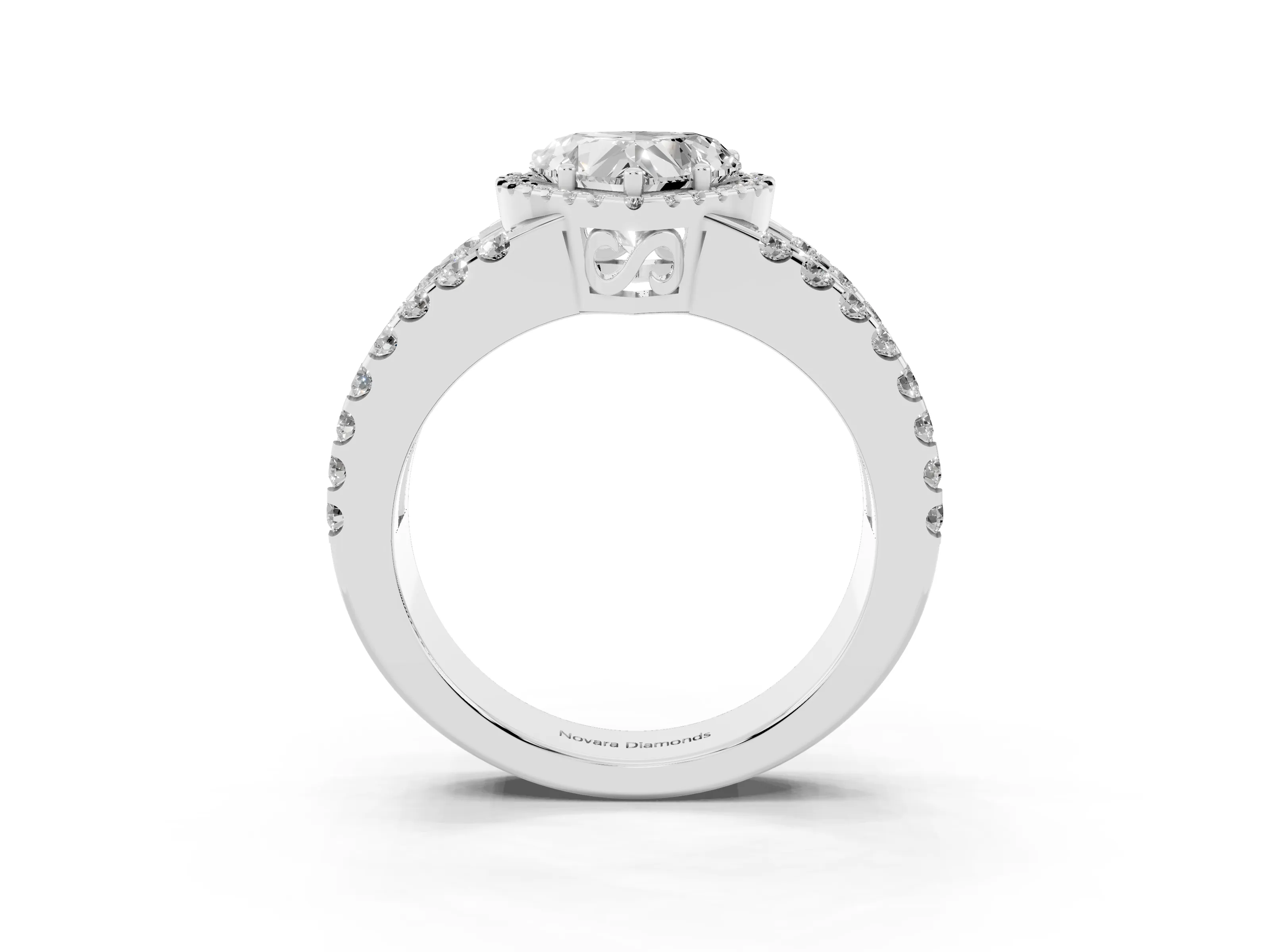 Heart Cut Diamond Halo Ring Set in White gold with Pavé Split Shank and Prong Setting