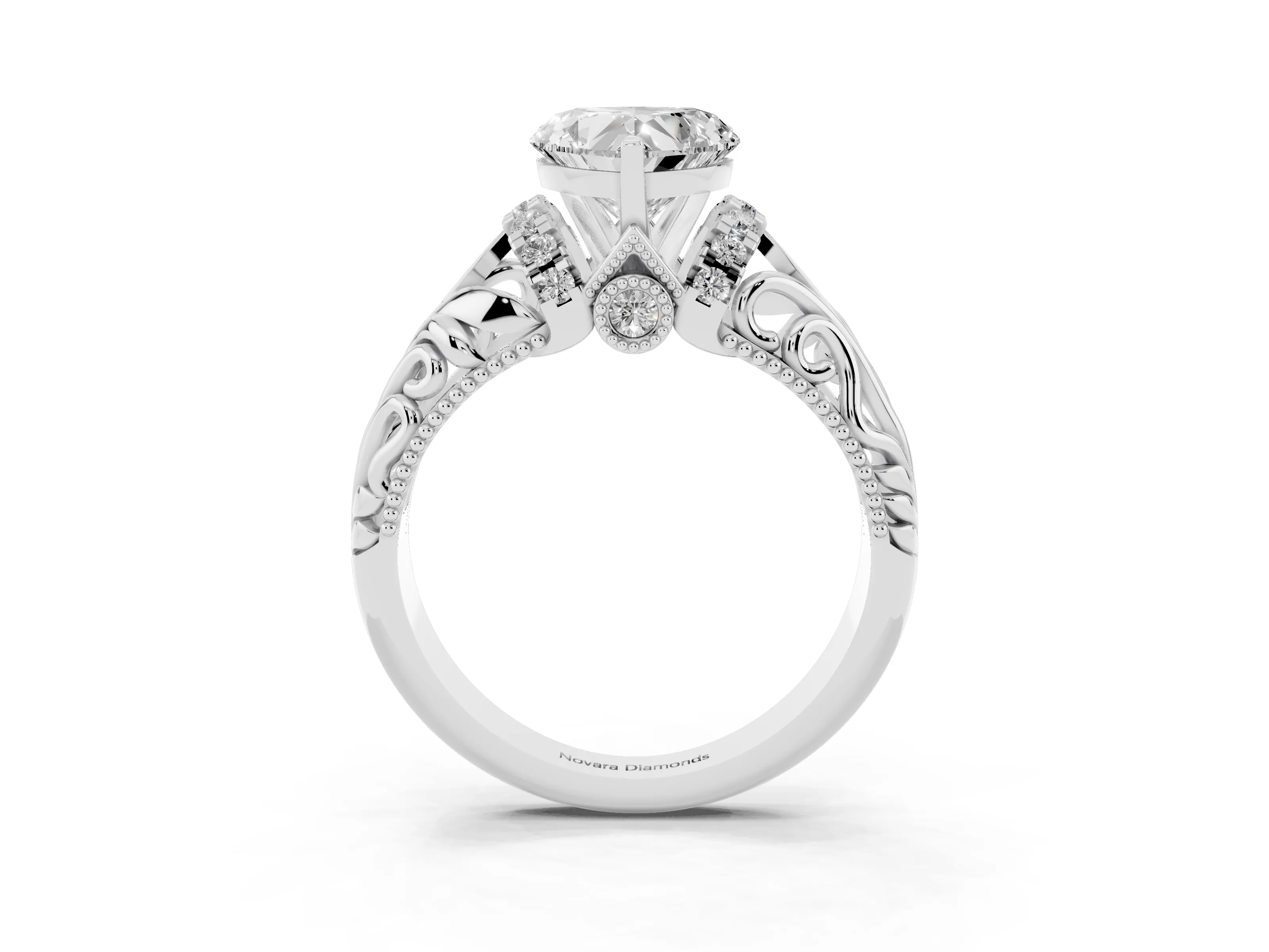 Heart Cut Diamond Filigree Halo Engagement Ring Set in White gold with Prong Setting
