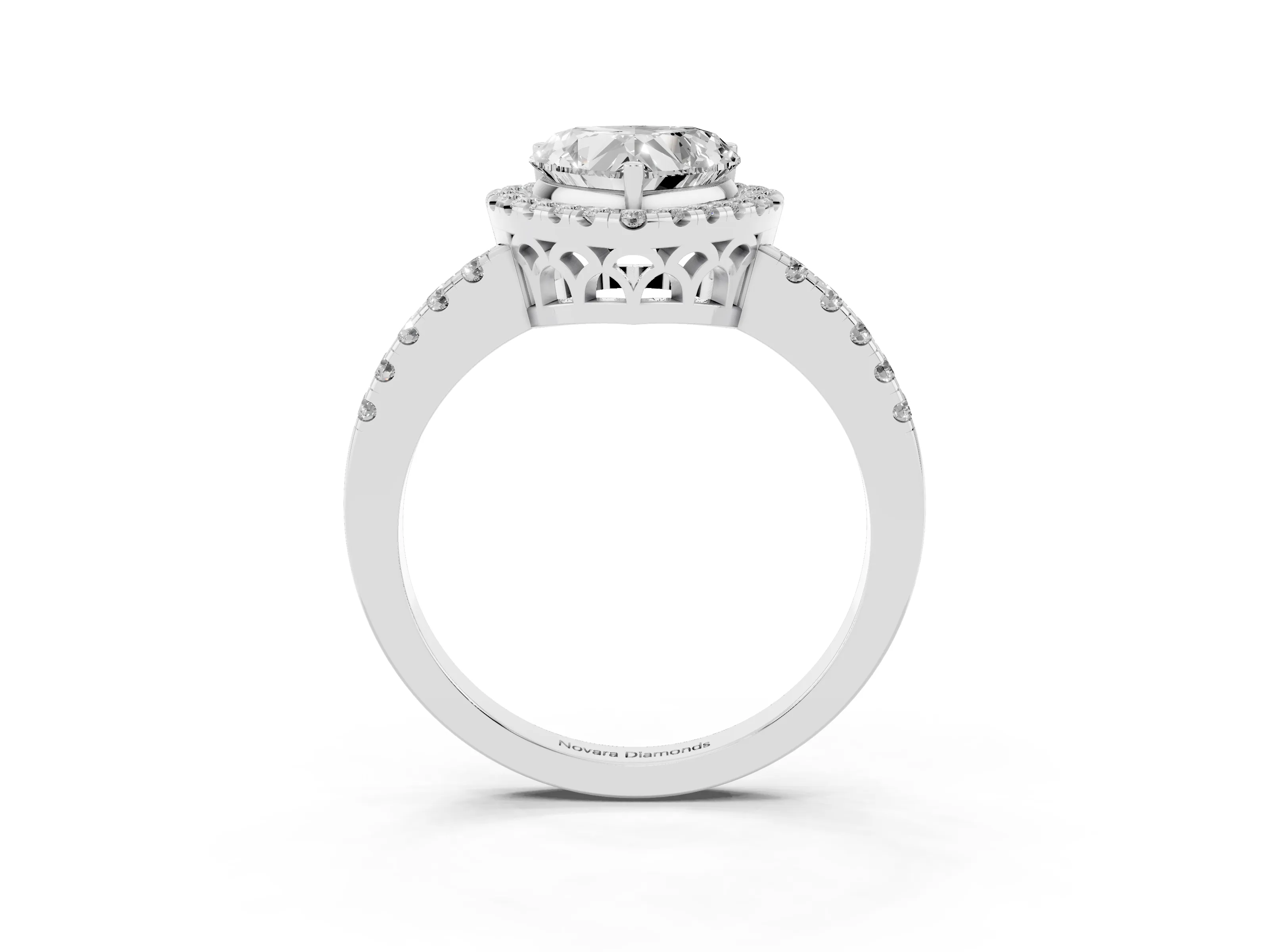 Heart Cut Diamond Pavé Band Halo Engagement Ring Set in Silver with Prong Setting