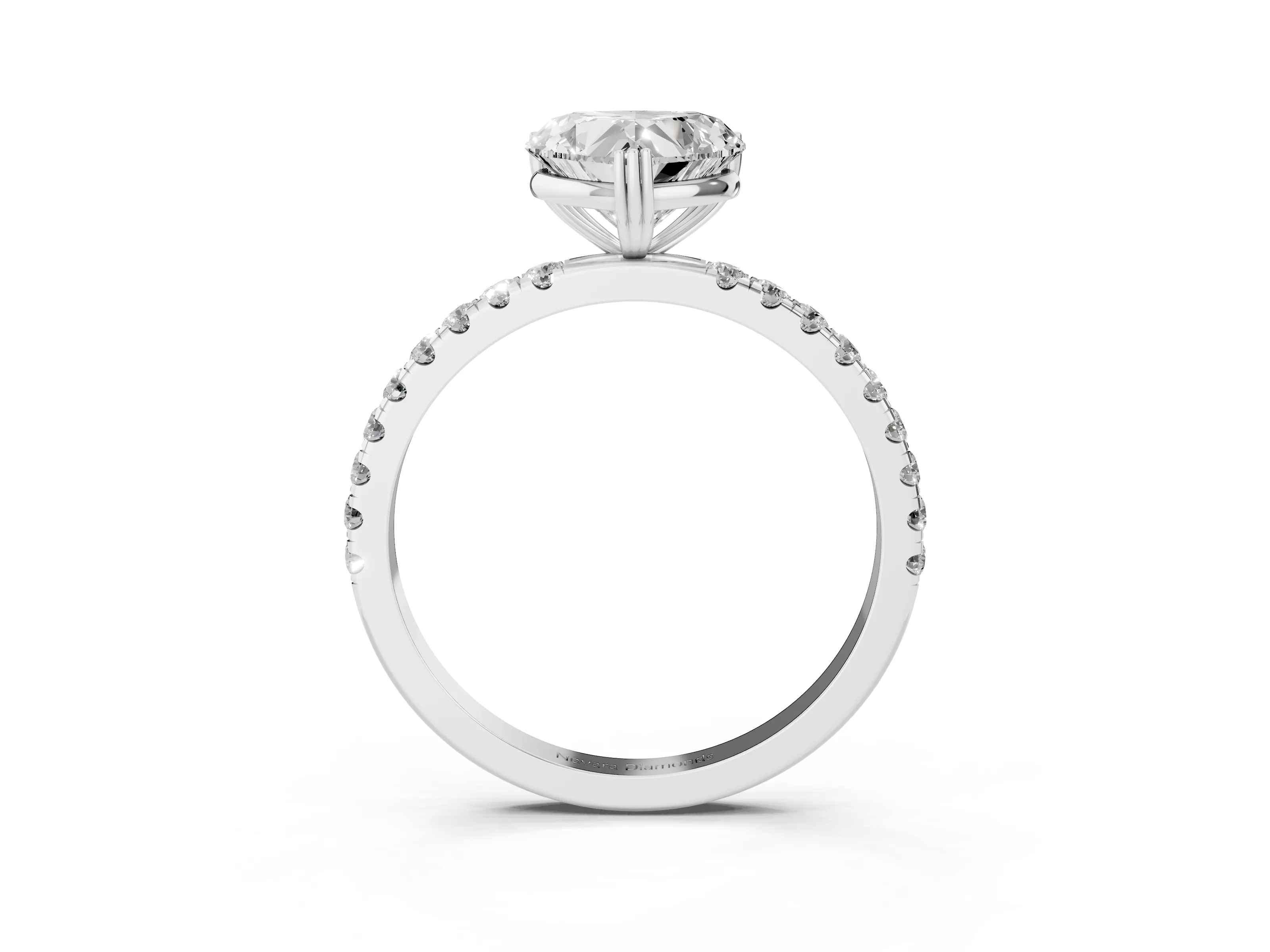 Heart Cut Diamond Brilliant Solitaire Set in White gold with Pavé Band and Claw Prong Setting