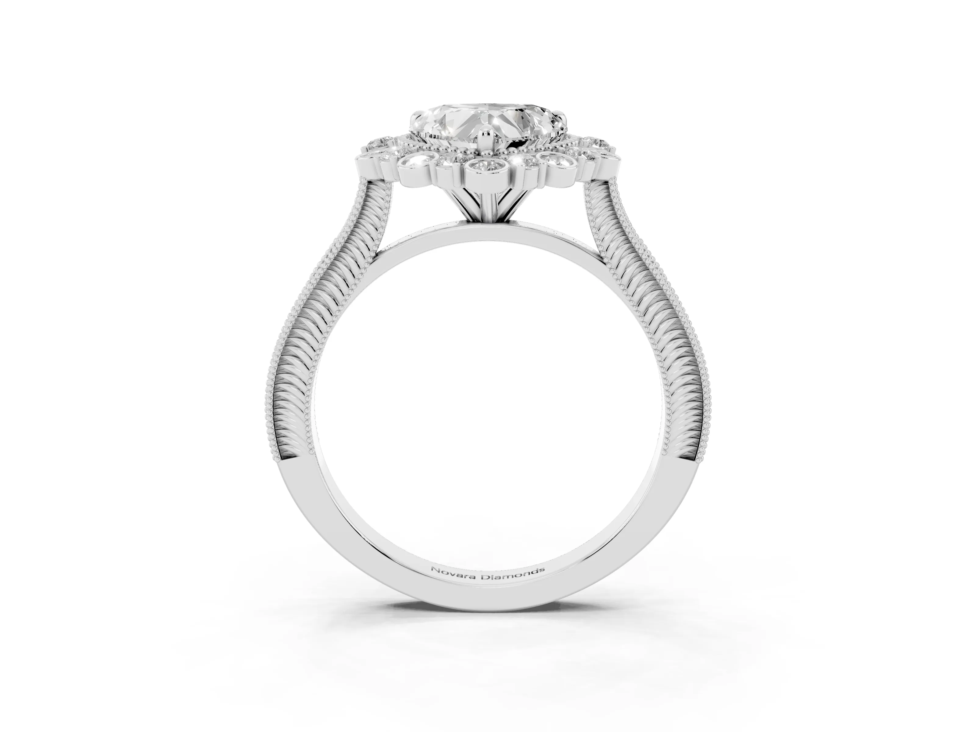 Heart Cut Diamond Halo Milgrain Pavé Ring Set in White gold with Prong Setting