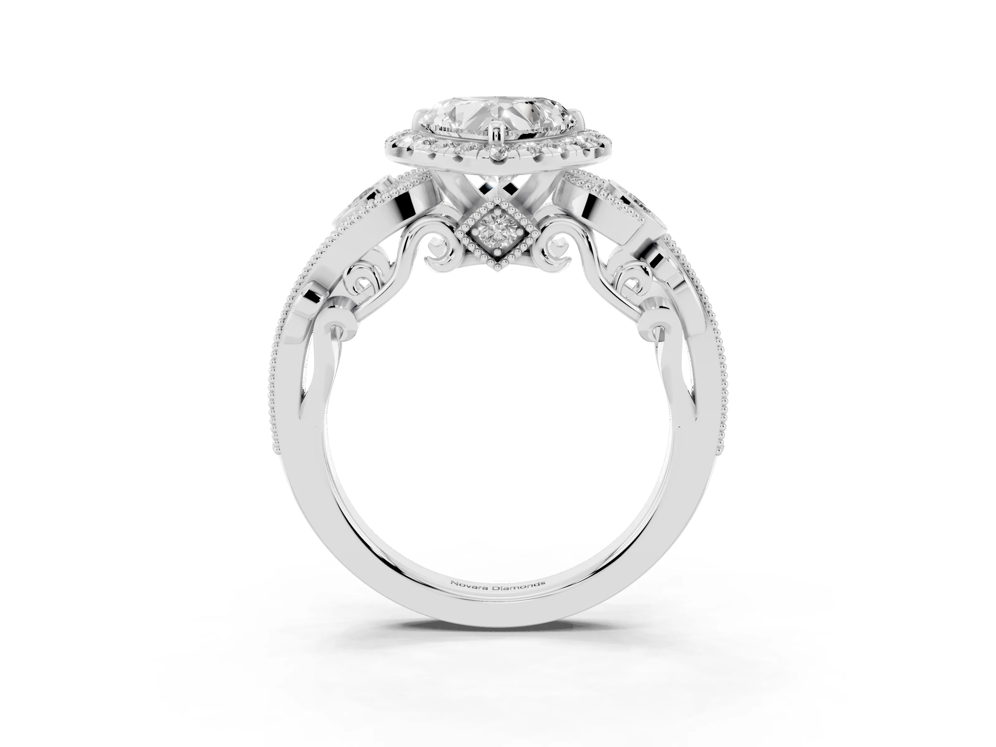 Heart Cut Diamond Halo Ring Set in Silver with Milgrain Pavé Band and Prong Setting