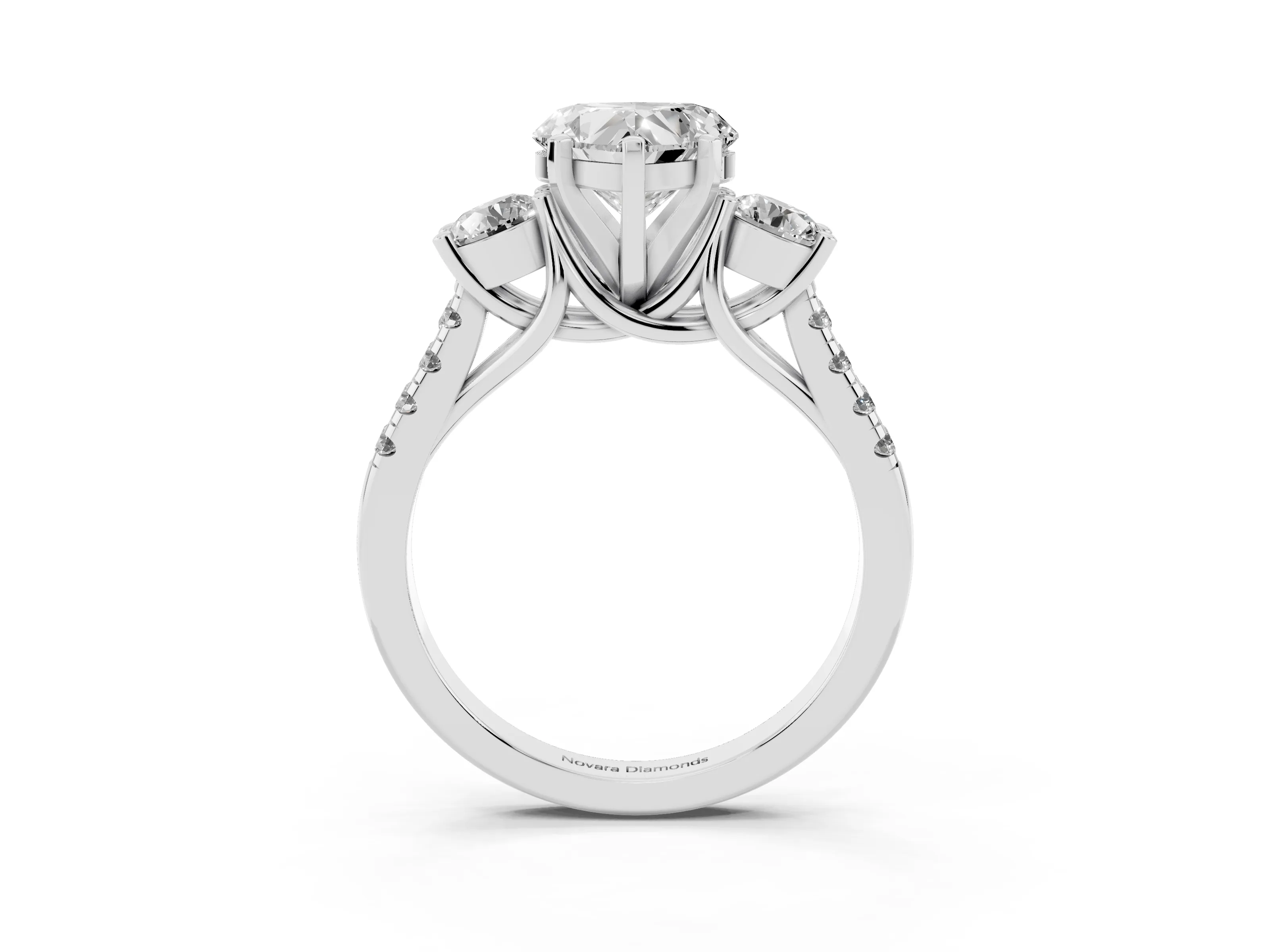 Three-Stone Heart Cut Diamond Pavé Band Ring Set in Platinum with Prong-Set Trio