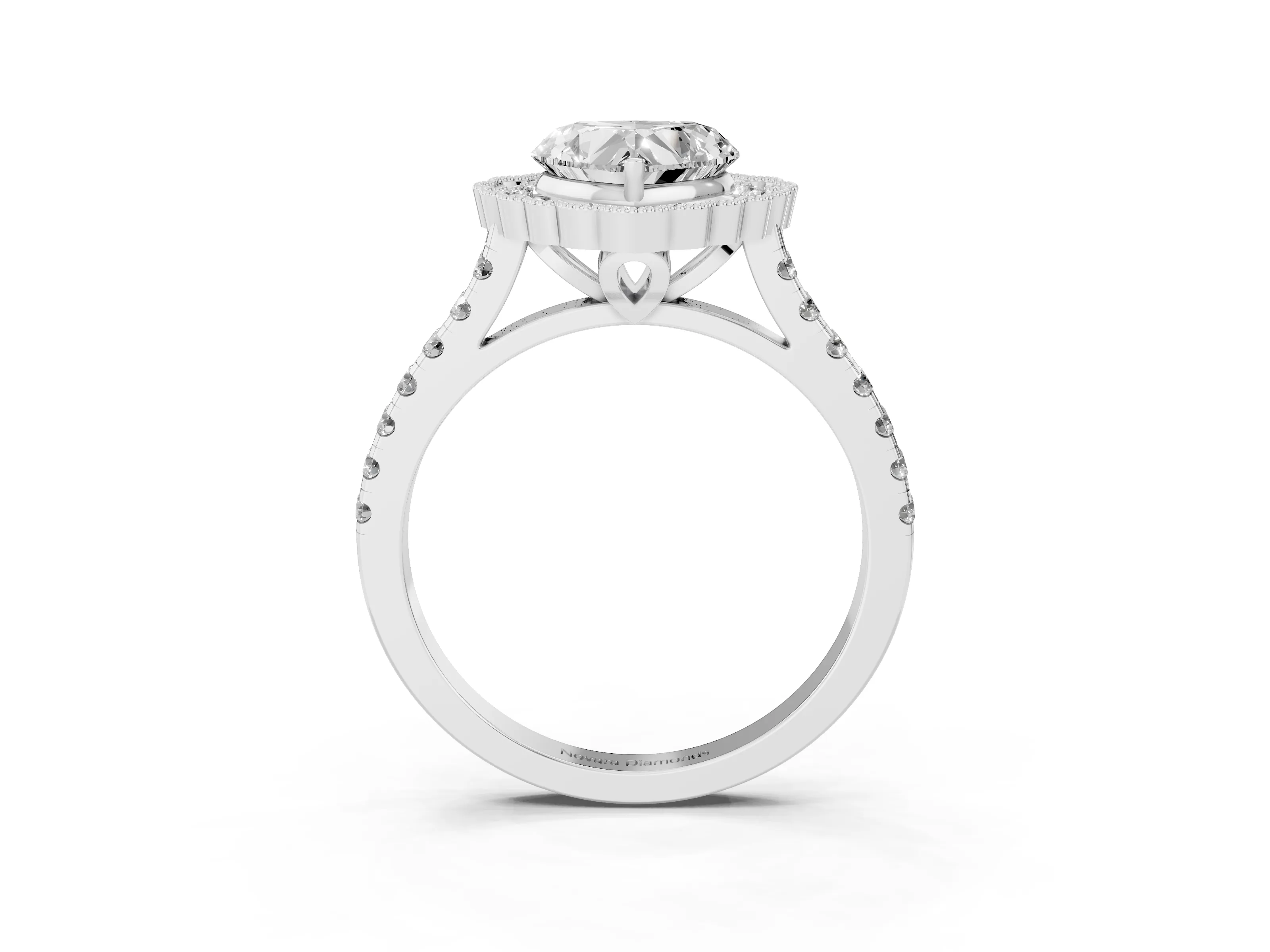 Heart Cut Diamond Milgrain Floral Halo Engagement Ring Set in White gold with Pavé Band