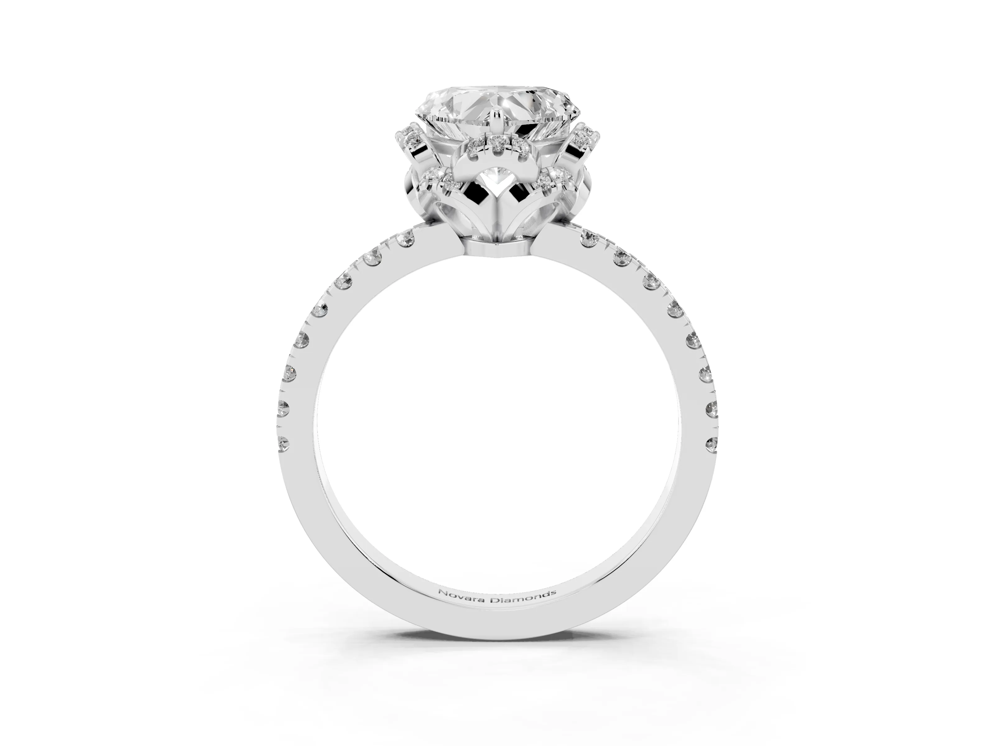 Heart Cut Diamond Halo Pavé Band Ring Set in Platinum with Prong-Held Center