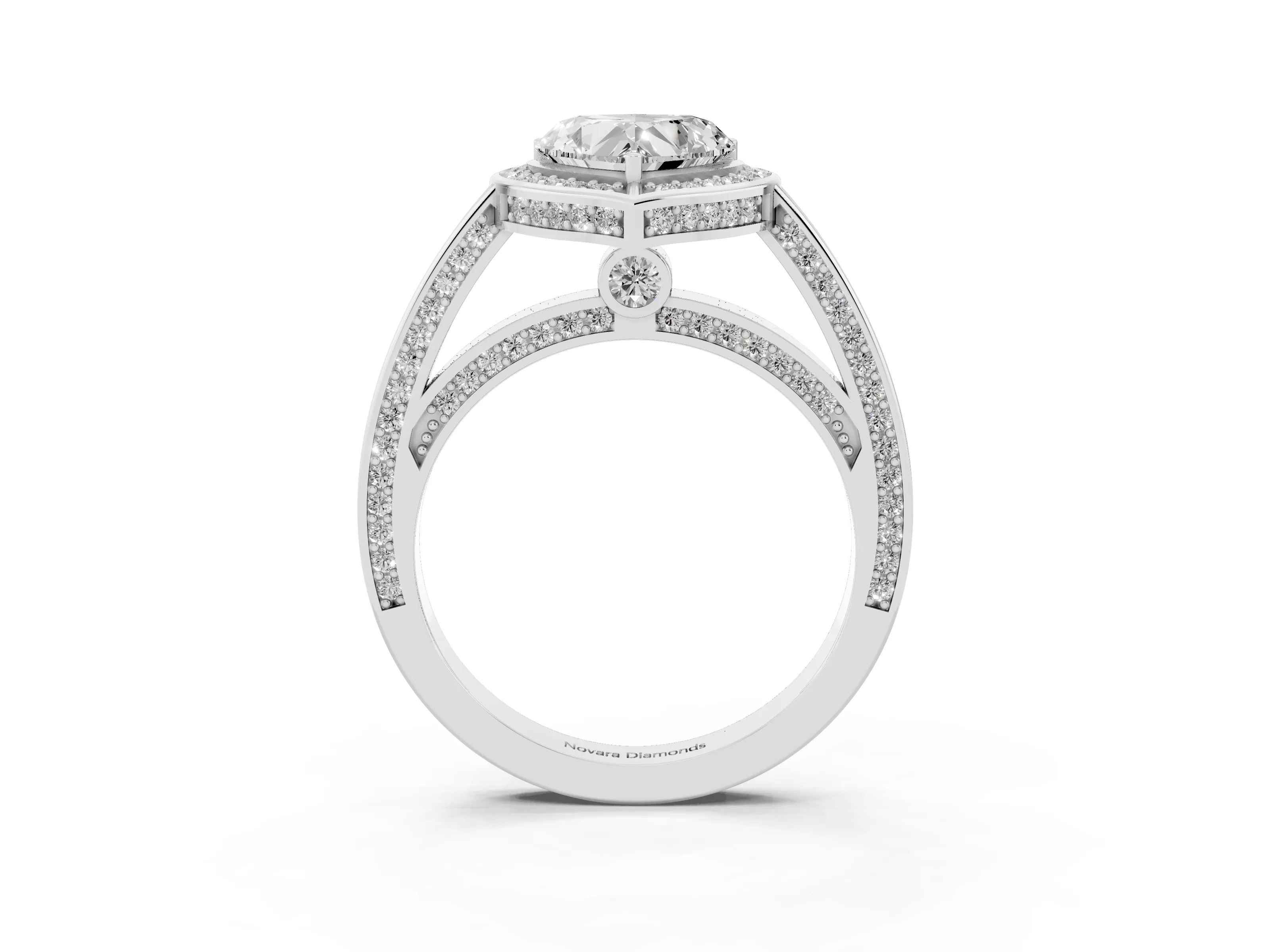 Heart Cut Diamond Halo Pavé Split Shank Ring Set in White gold with Prong Setting