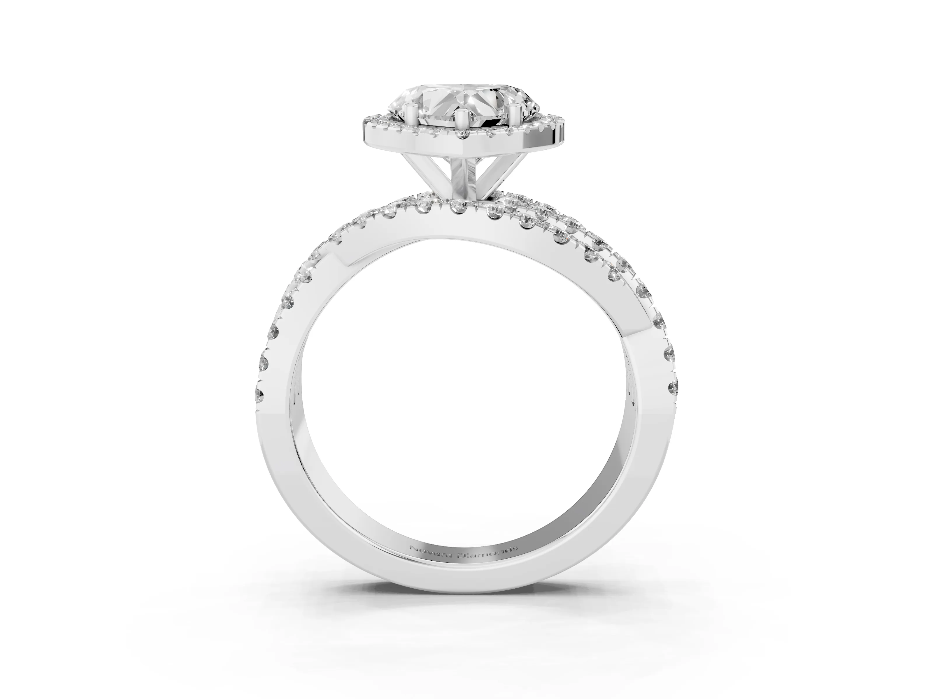 Heart Cut Diamond Halo Ring Set in Platinum with Round Crossover Split Shank and Prong Setting